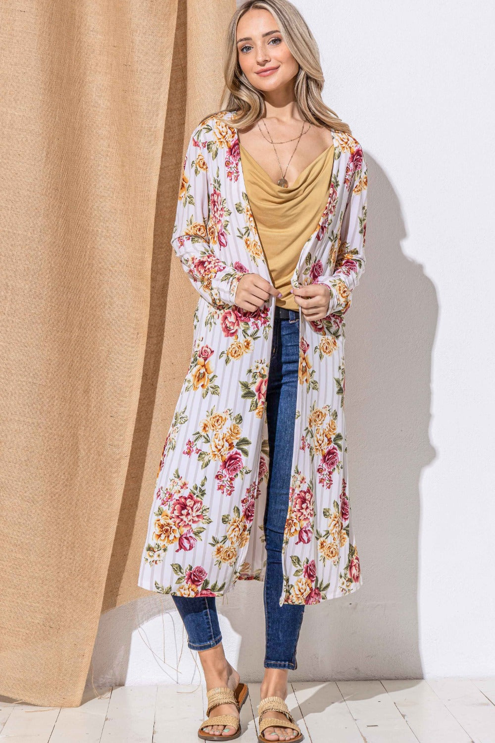 And The Why Floral Kimono Open Front Longline Cardigan-TOPS / DRESSES-[Adult]-[Female]-Burgundy Stripe-S-2022 Online Blue Zone Planet