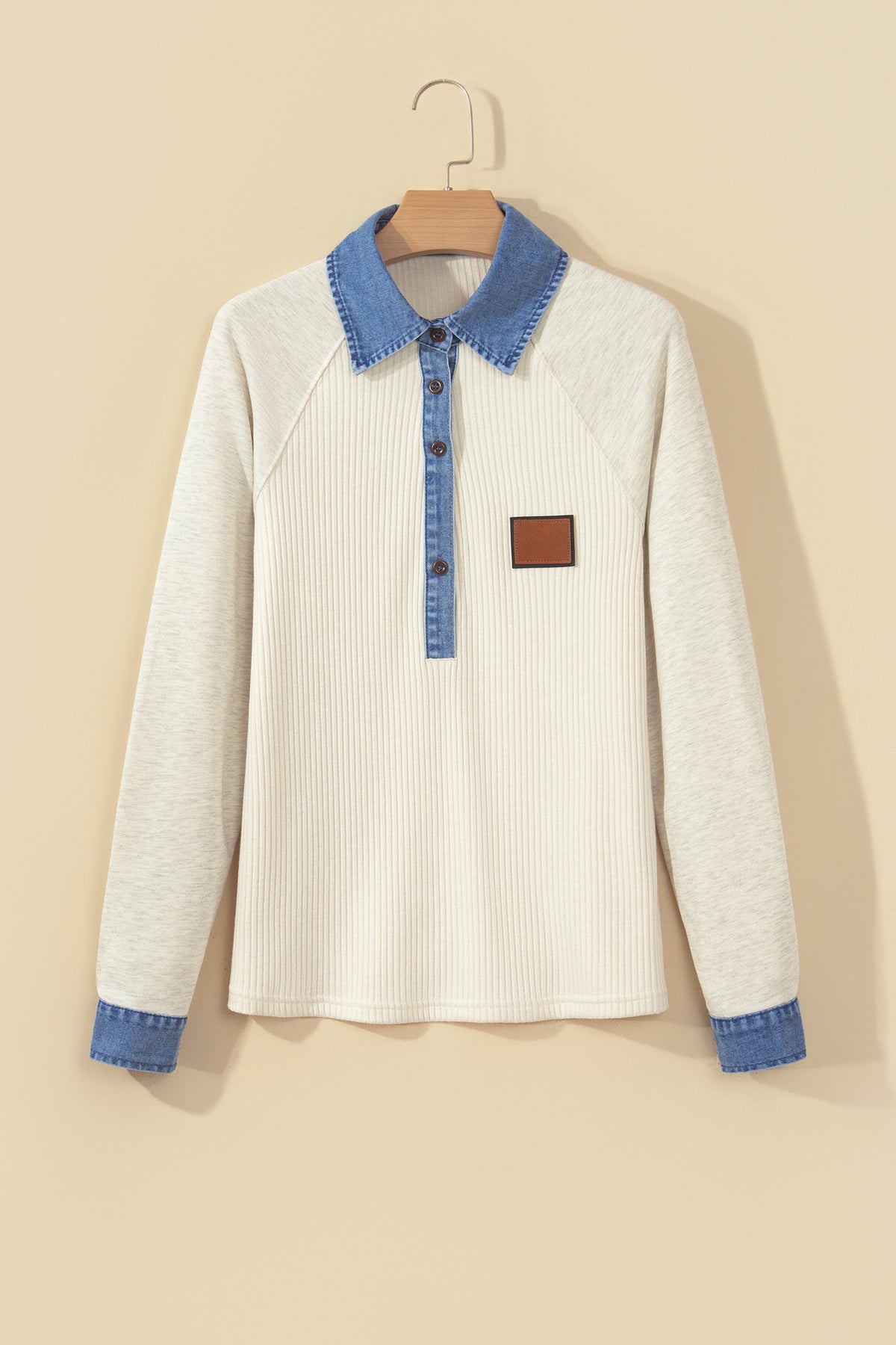 Light Grey Ribbed Denim Colorblock Detail Button Collar Long Sleeve Top-Tops/Long Sleeve Tops-[Adult]-[Female]-2022 Online Blue Zone Planet