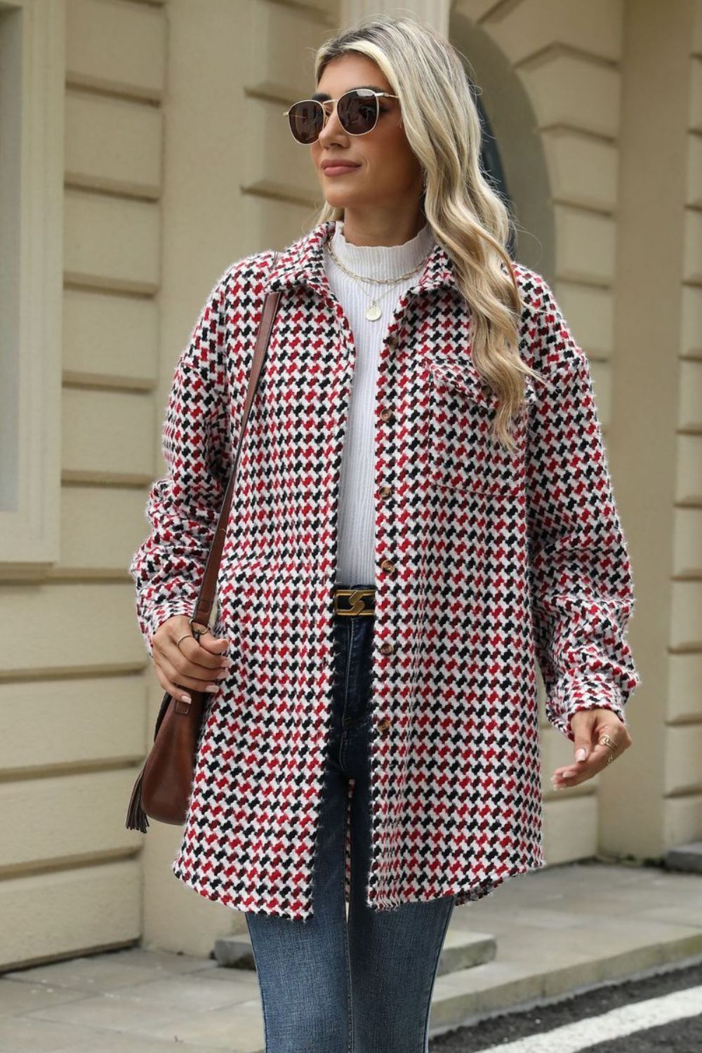 Houndstooth Button Up Dropped Shoulder Coat-TOPS / DRESSES-[Adult]-[Female]-Deep Red-S-2022 Online Blue Zone Planet