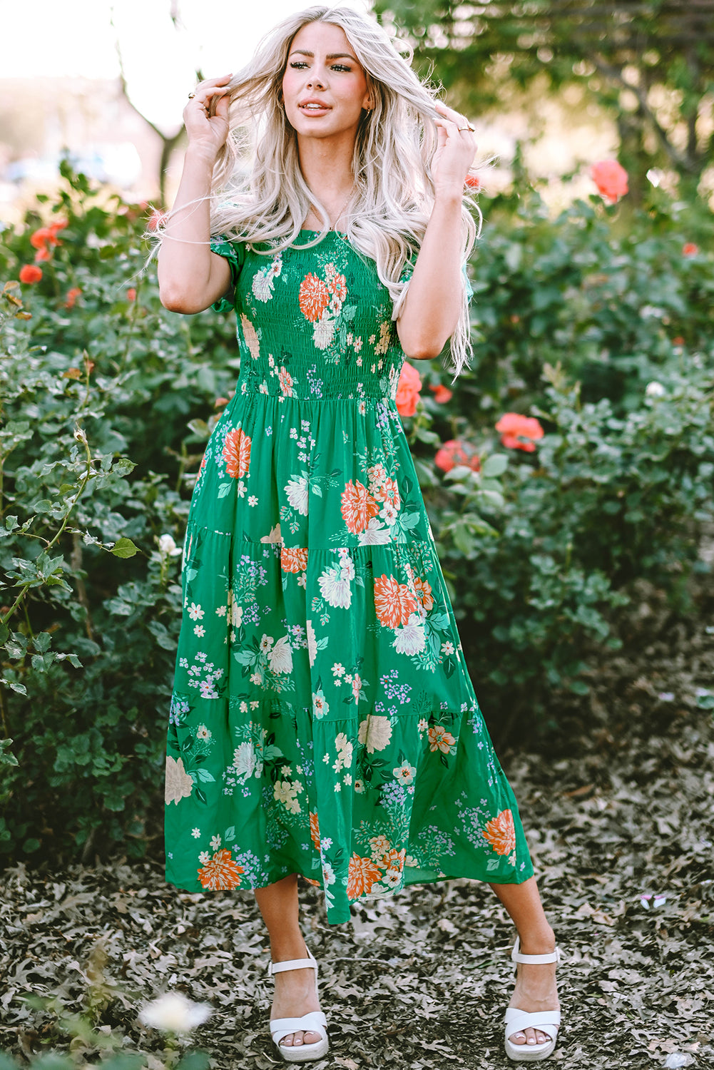 Blue Zone Planet |  Green Floral Print Bubble Sleeve Smocked Tiered Midi Dress Blue Zone Planet