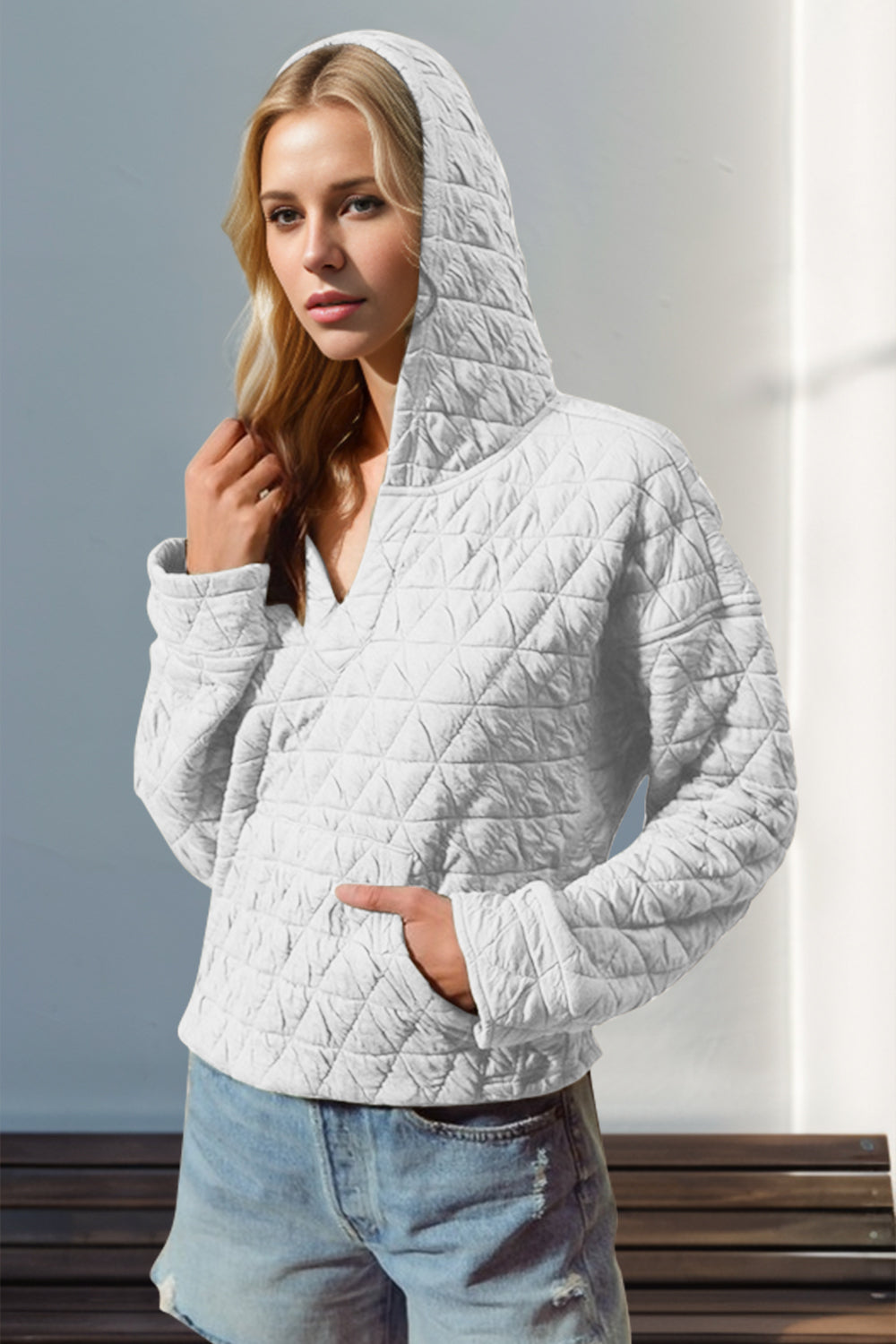 Double Take Quilted Long Sleeve Hoodie with Pocket-TOPS / DRESSES-[Adult]-[Female]-White-S-2022 Online Blue Zone Planet