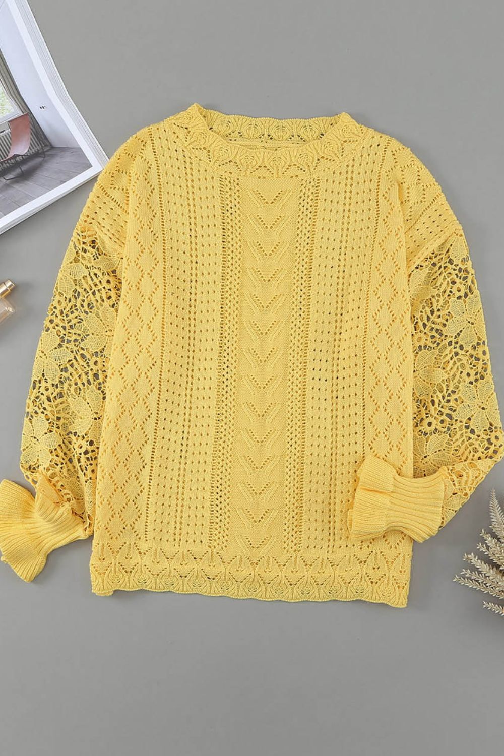 Openwork Round Neck Long Sleeve Sweater-TOPS / DRESSES-[Adult]-[Female]-2022 Online Blue Zone Planet