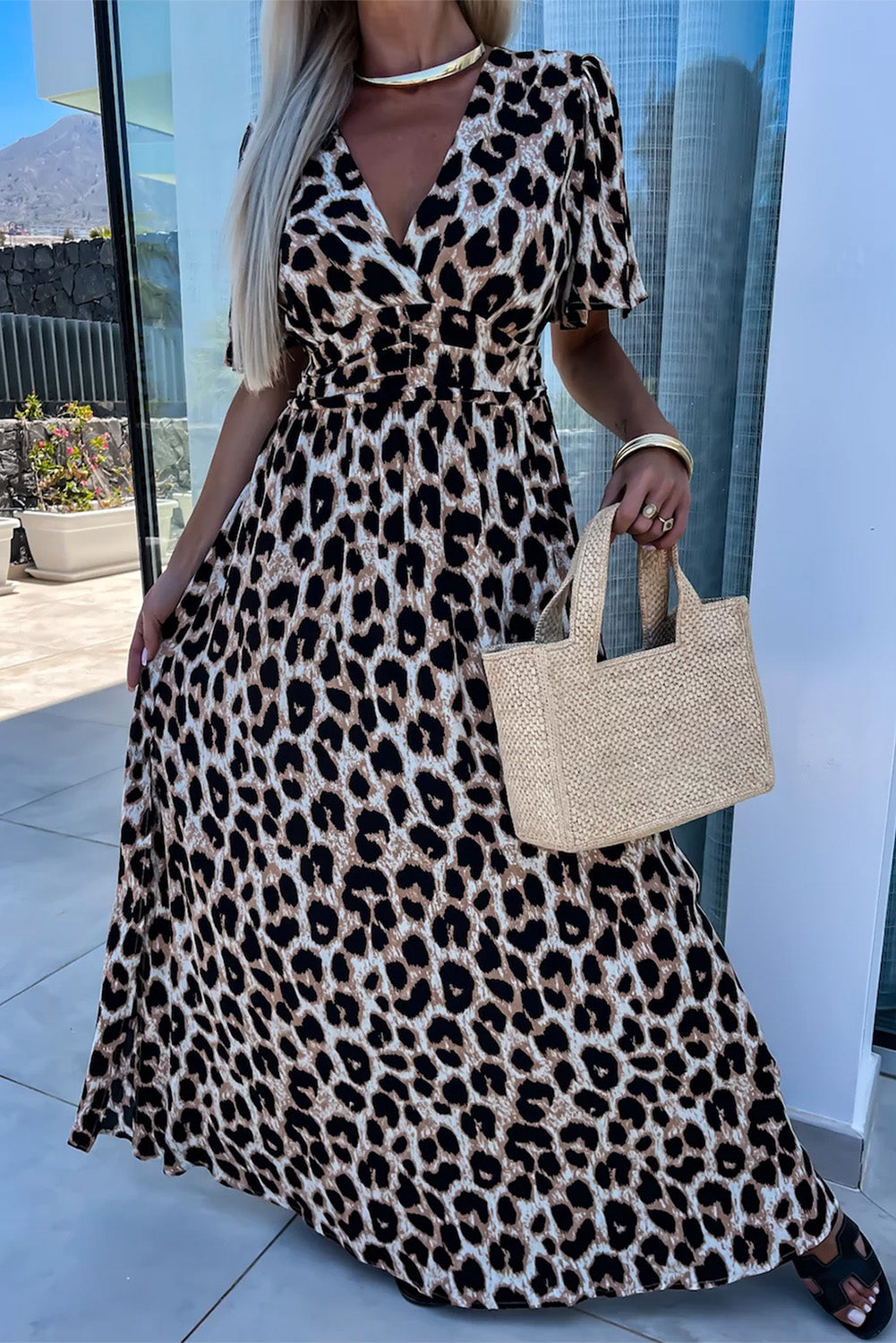 Khaki Leopard V Neck Cinched High Waist Open Back Maxi Dress-Maxi Dresses-[Adult]-[Female]-Khaki-S-2022 Online Blue Zone Planet