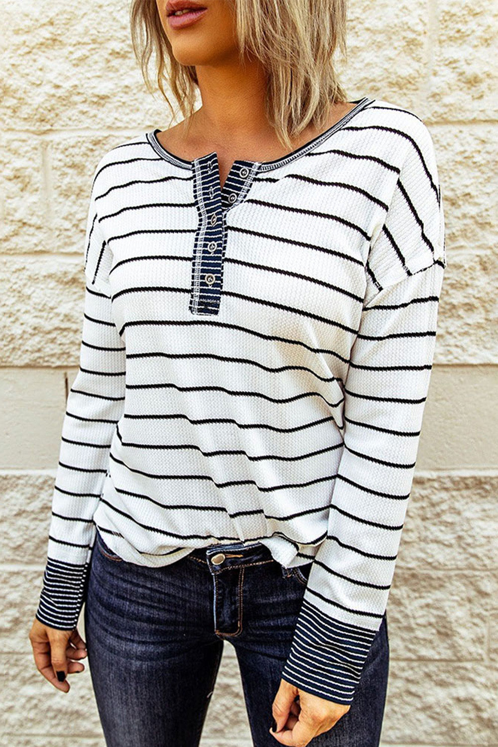 White Striped Buttoned Henley Waffle Knit Top-Tops/Blouses & Shirts-[Adult]-[Female]-2022 Online Blue Zone Planet