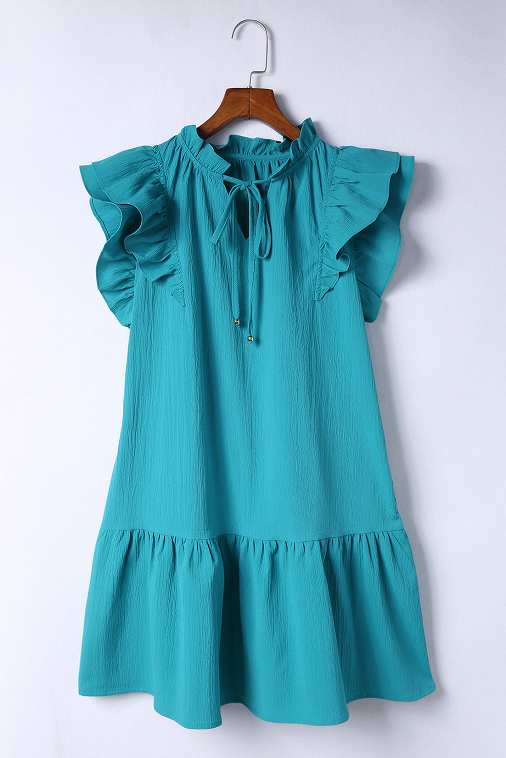 Green Tiered Ruffled Sleeves Mini Dress with Pockets Blue Zone Planet