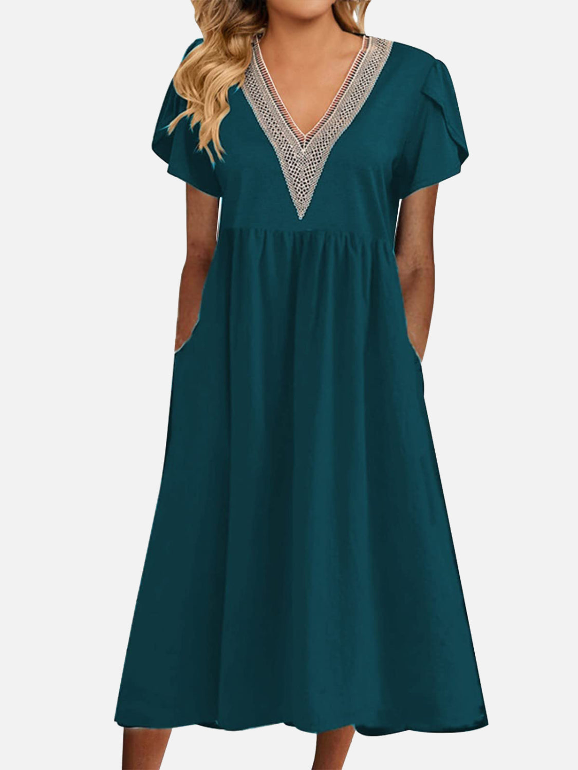 Full Size Lace Detail V-Neck Short Sleeve Dress-TOPS / DRESSES-[Adult]-[Female]-Green-S-2022 Online Blue Zone Planet