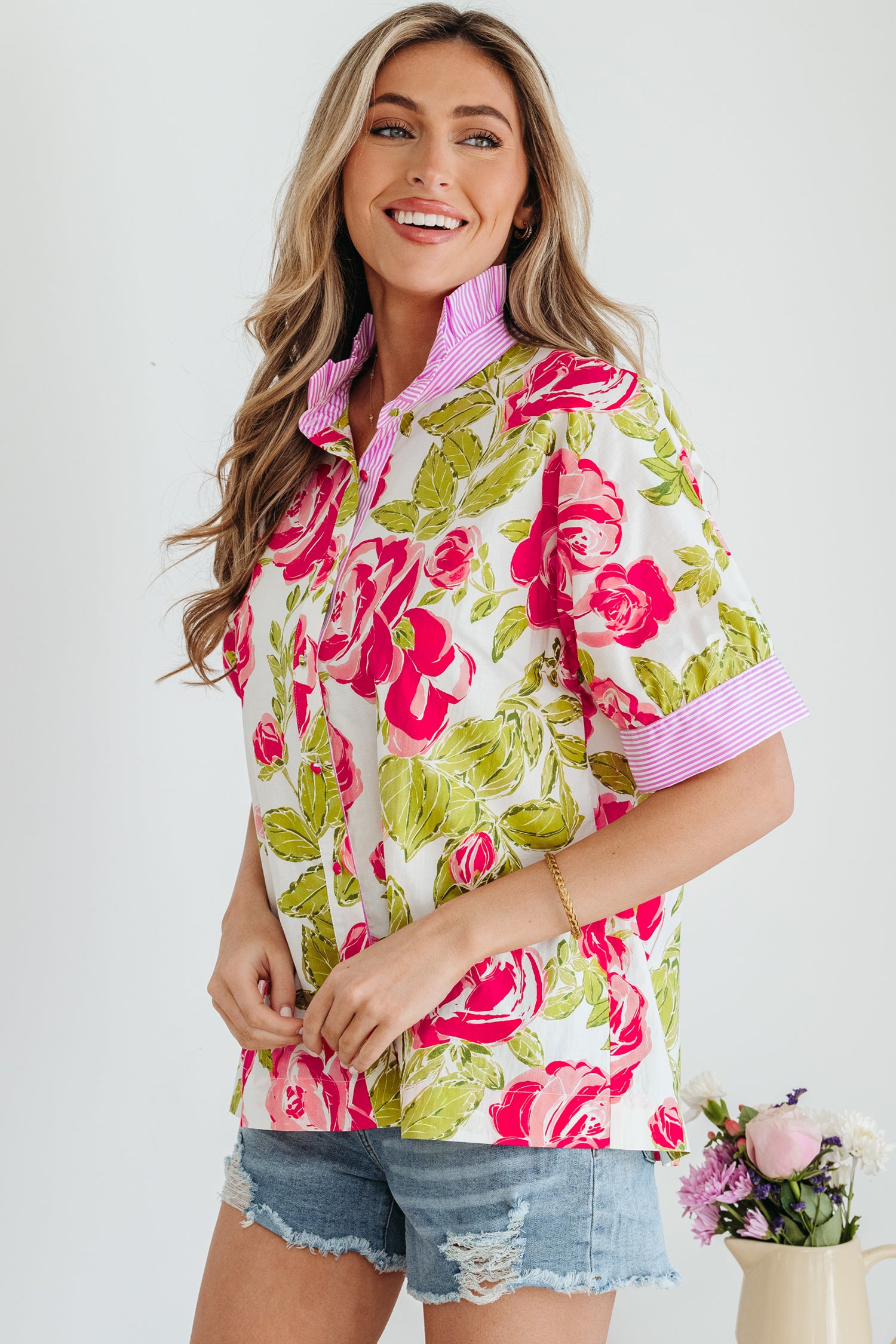 Pink Flower Print Striped Trim Frilled Collar Short Sleeve Shirt-Tops/Blouses & Shirts-[Adult]-[Female]-2022 Online Blue Zone Planet