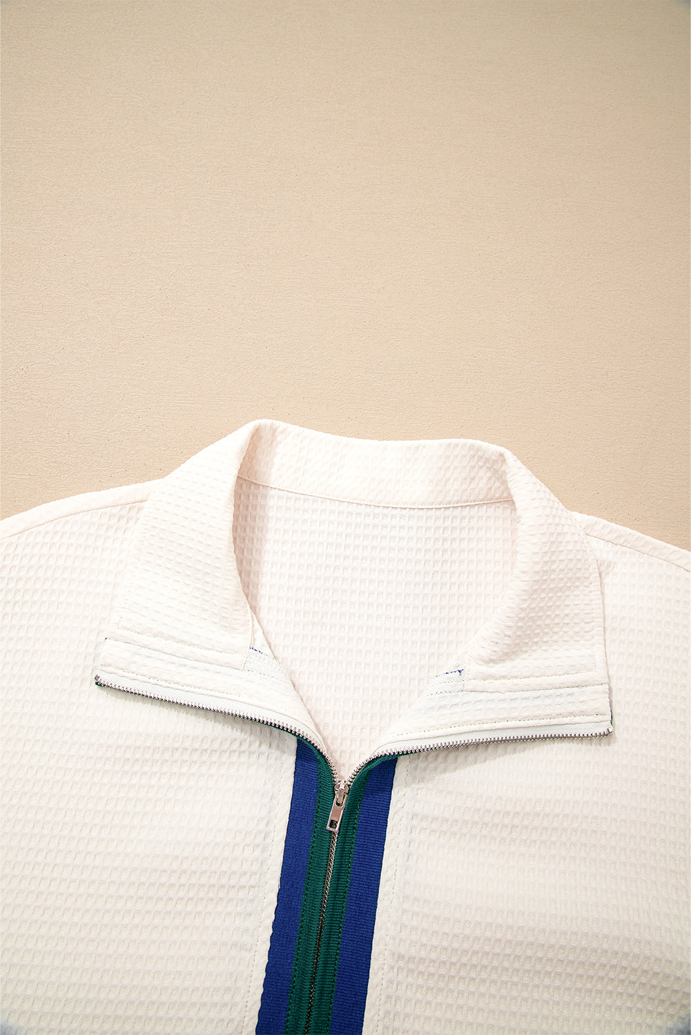 White Waffle Textured Contrast Polo Neck Zip up Jumper-Tops/Long Sleeve Tops-[Adult]-[Female]-2022 Online Blue Zone Planet