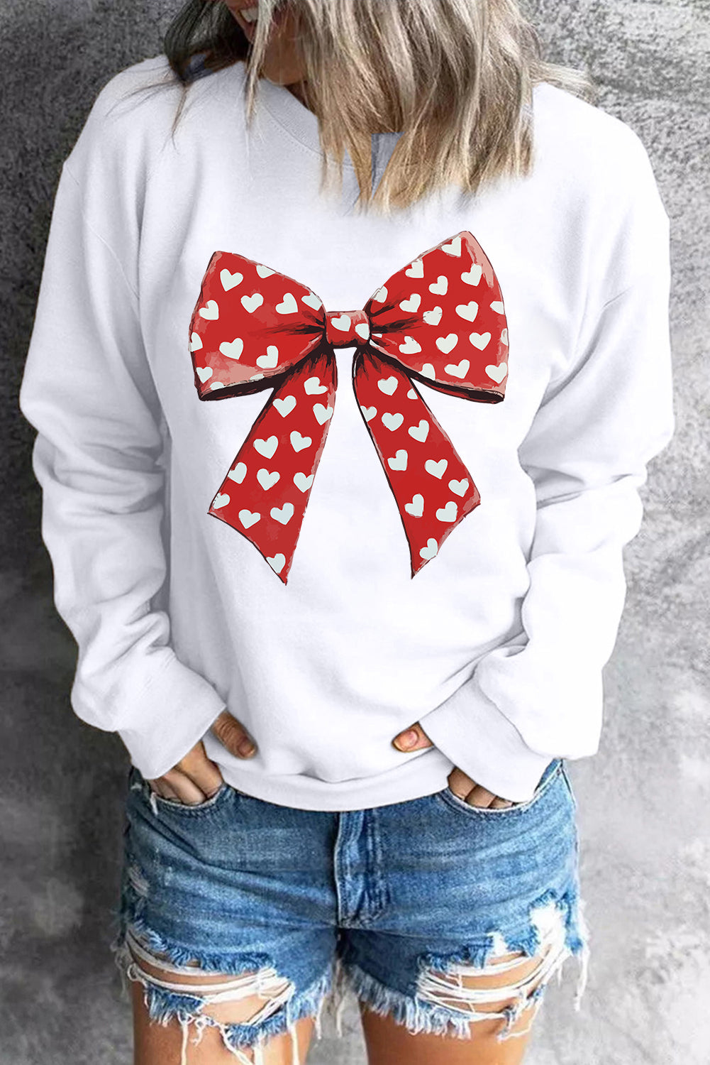 White Heart Bow Printed Round Neck Valentines Pullover Sweatshirt-Graphic Sweatshirts-[Adult]-[Female]-2022 Online Blue Zone Planet