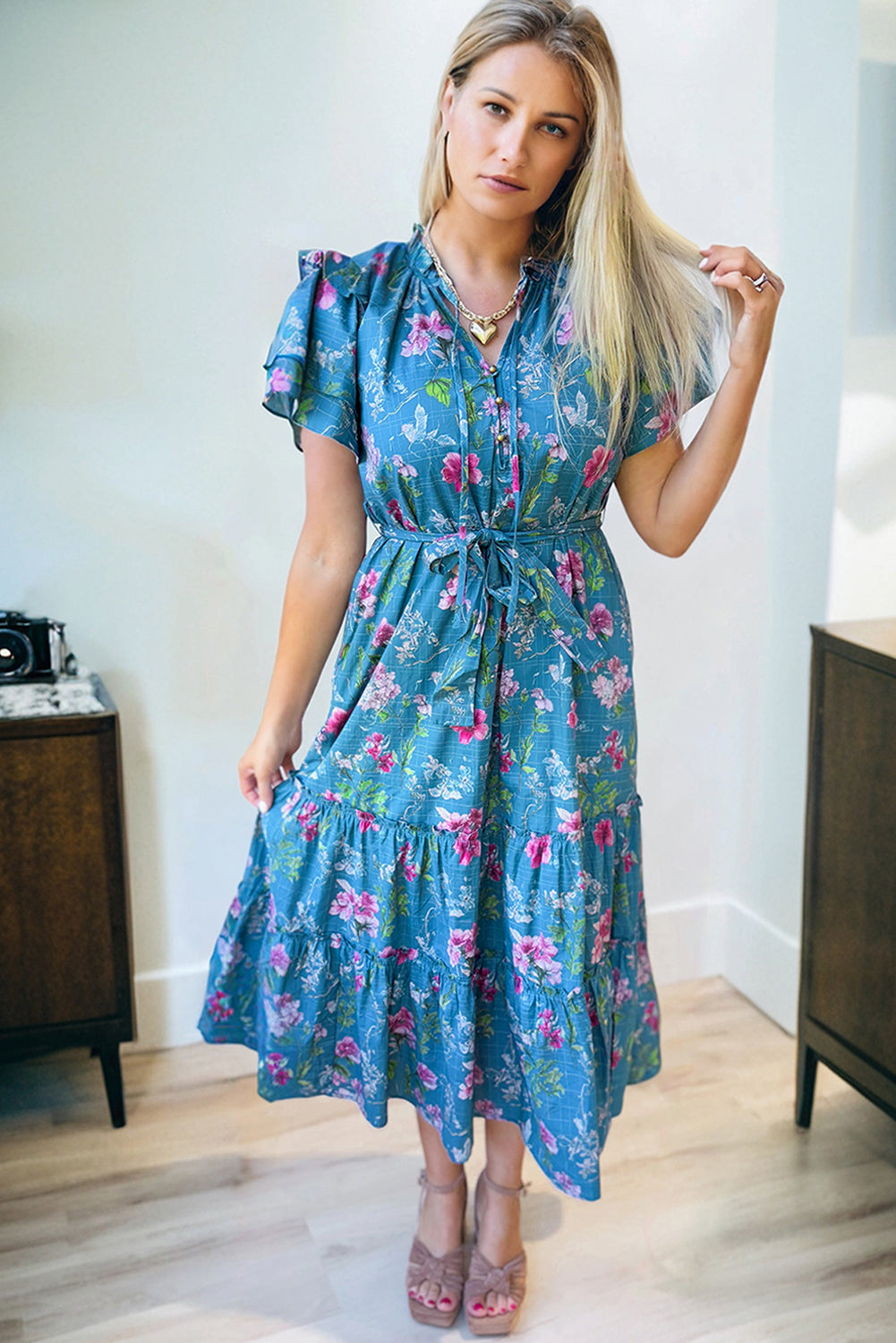 Blue Floral Flutter Sleeve Button Tie Split Neck Belted Long Dress-TOPS / DRESSES-[Adult]-[Female]-2022 Online Blue Zone Planet