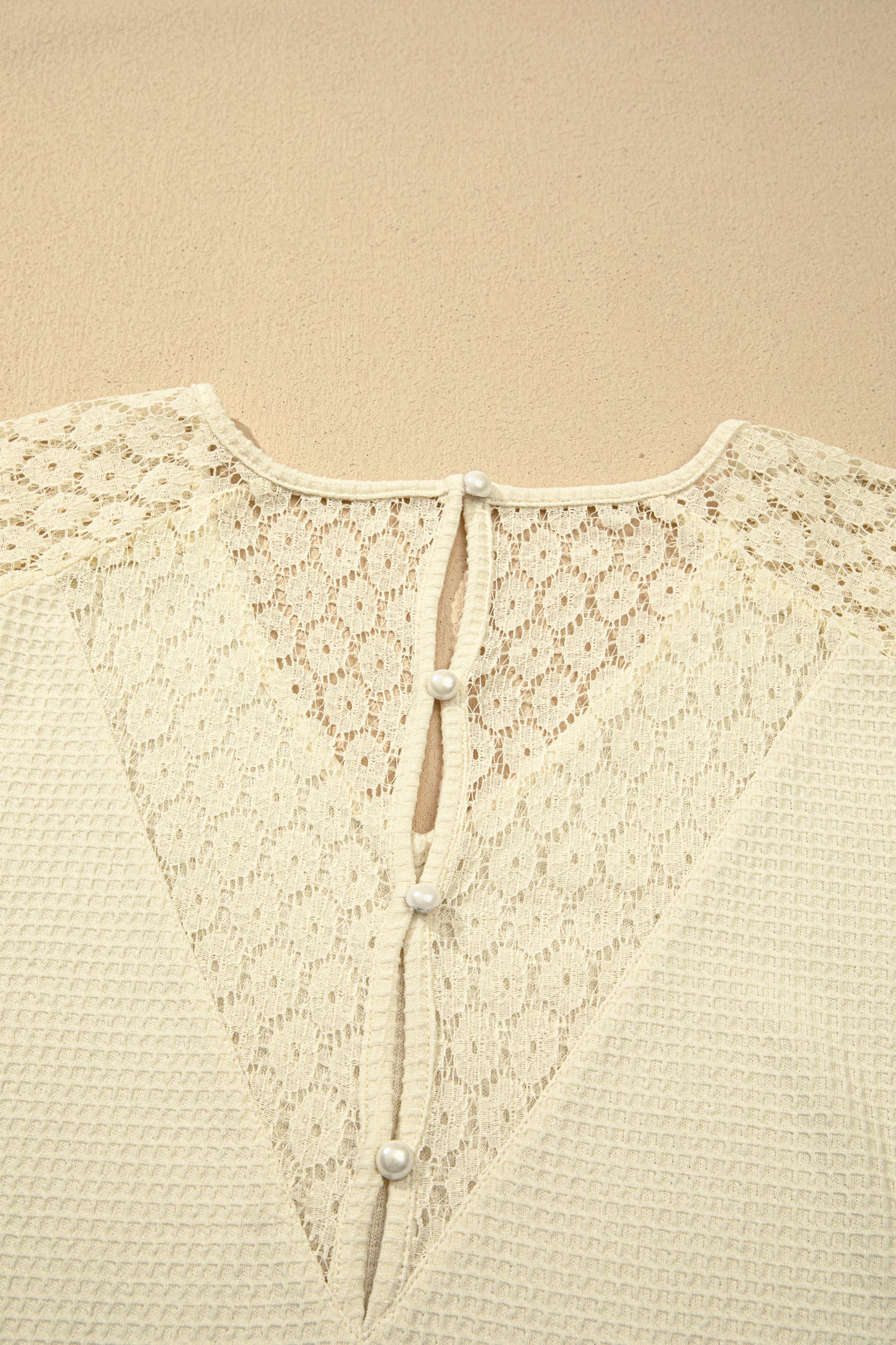 Beige Lace Splicing Button Cutout V Neck Waffle Knit Blouse-Tops/Blouses & Shirts-[Adult]-[Female]-2022 Online Blue Zone Planet