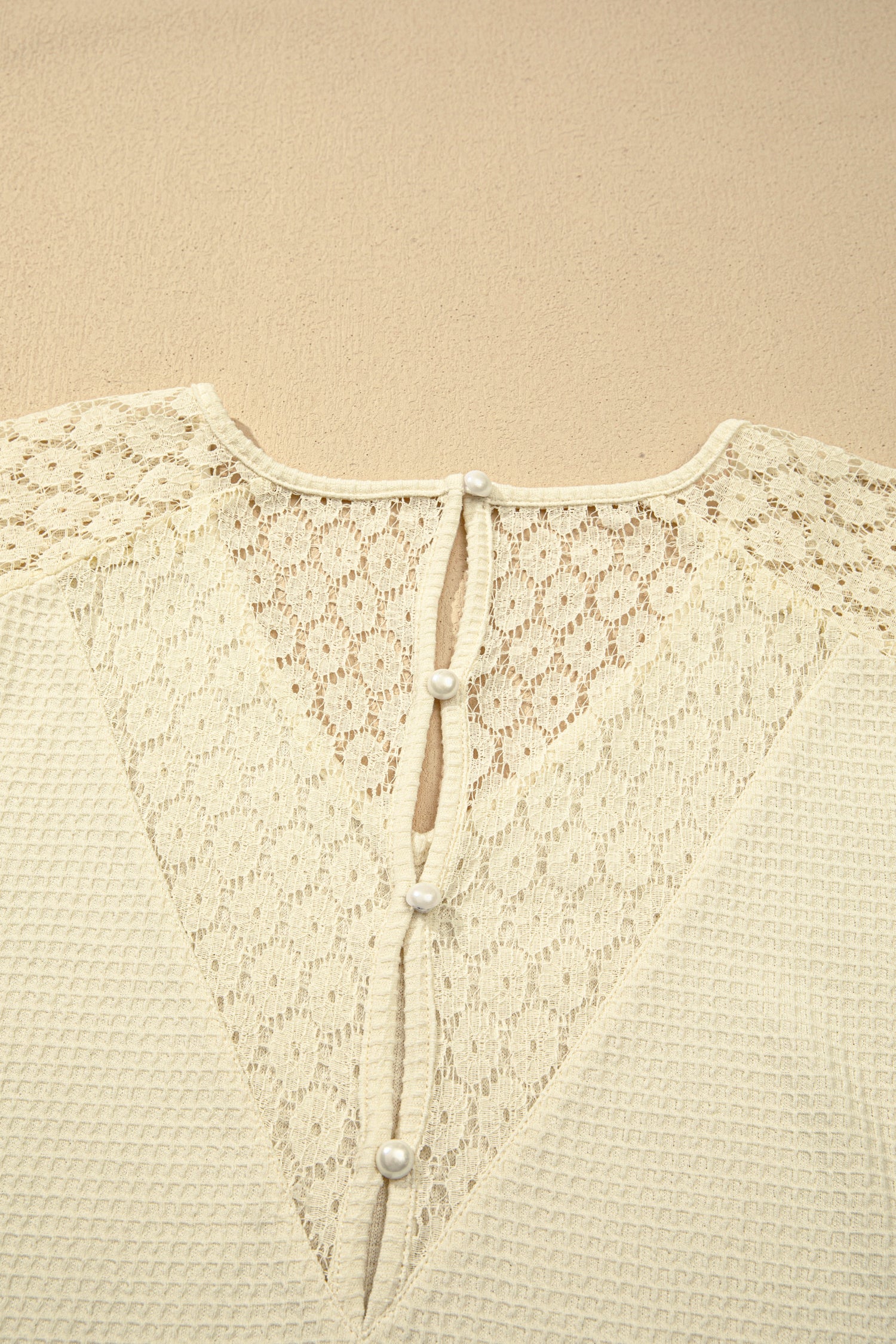 Beige Lace Splicing Button Cutout V Neck Waffle Knit Blouse-Tops/Blouses & Shirts-[Adult]-[Female]-2022 Online Blue Zone Planet