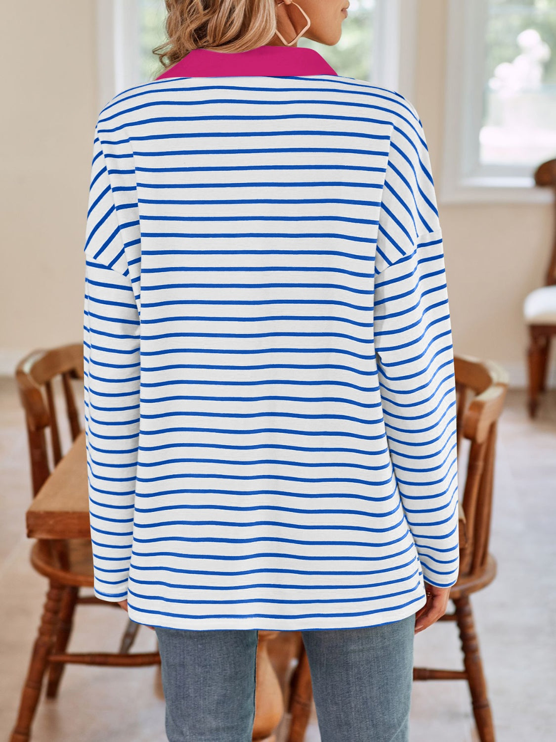 Blue Zone Planet | Lovelet Striped Johnny Collar Long Sleeve T-Shirt-TOPS / DRESSES-[Adult]-[Female]-2022 Online Blue Zone Planet