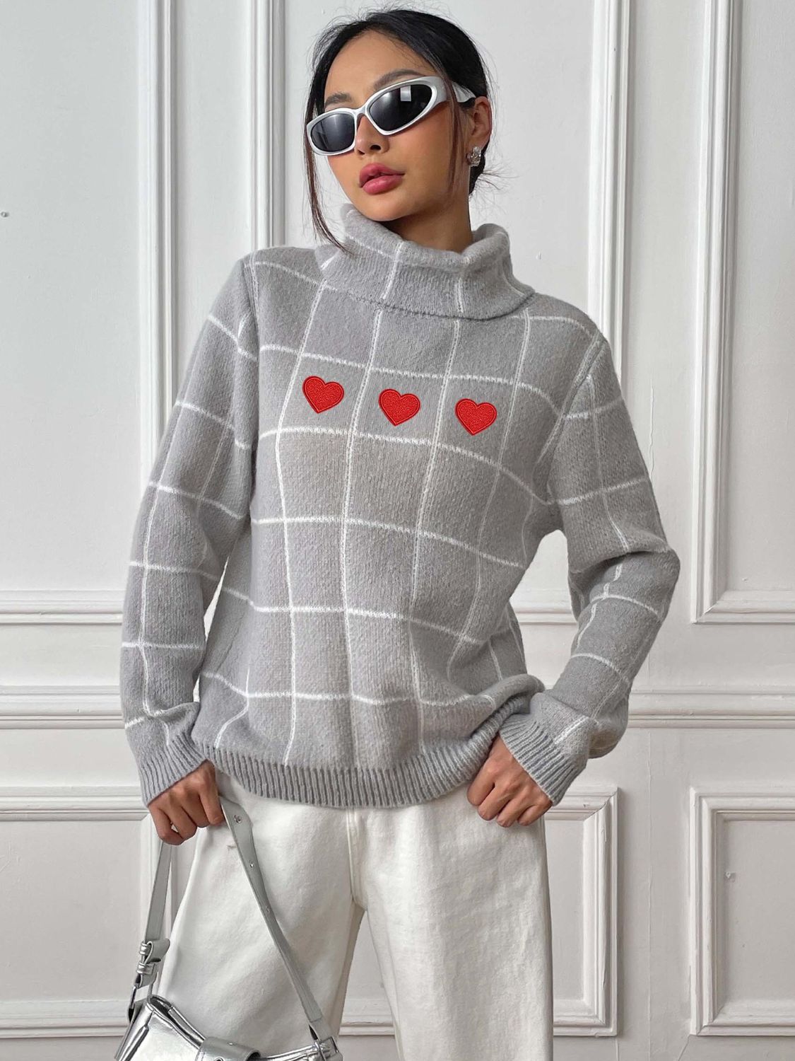 Heart Plaid Turtleneck Long Sleeve Sweater-TOPS / DRESSES-[Adult]-[Female]-2022 Online Blue Zone Planet