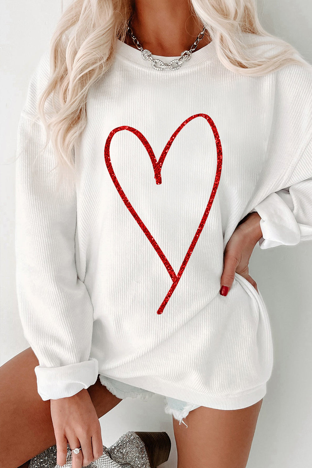 White Glitter Heart Print Corded Graphic Pullover Sweatshirt-Graphic Sweatshirts-[Adult]-[Female]-White-2XL-2022 Online Blue Zone Planet