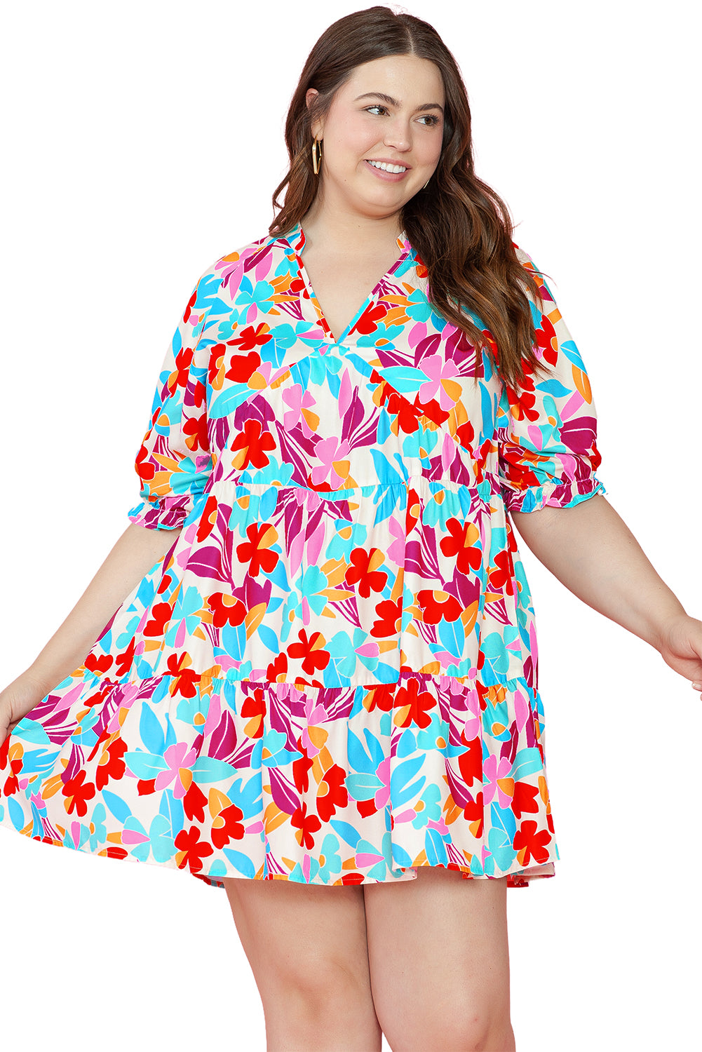 Blue Zone Planet | Multicolour Floral Tiered V Neck Plus Dress-TOPS / DRESSES-[Adult]-[Female]-2022 Online Blue Zone Planet