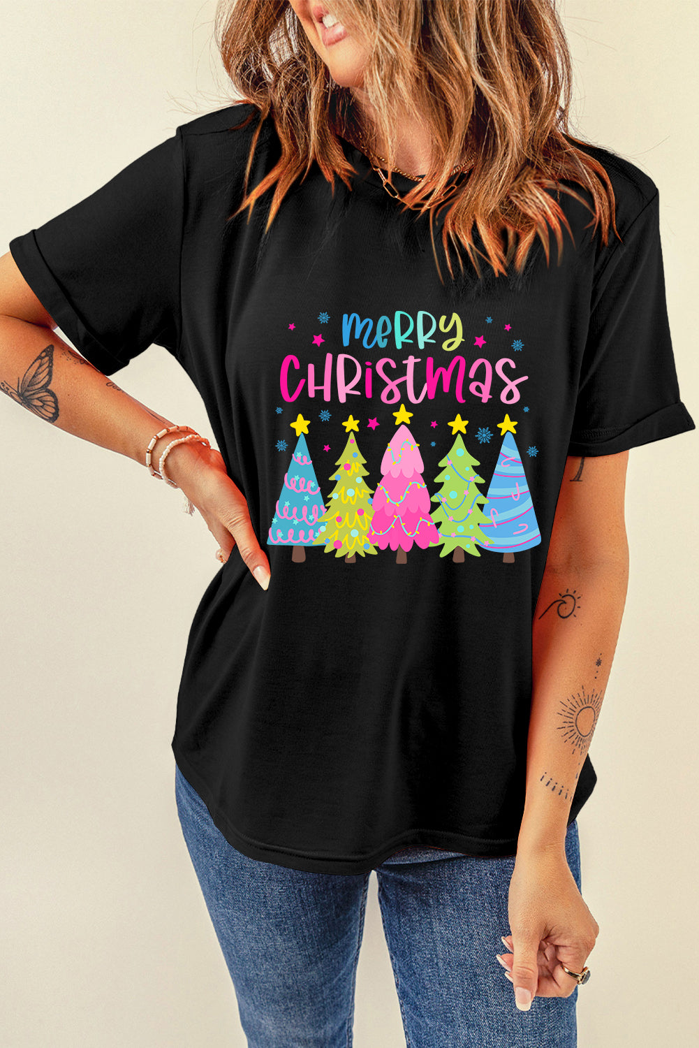 Blue Zone Planet |  Black Merry Christmas Trees Print Crew Neck Loose T Shirt