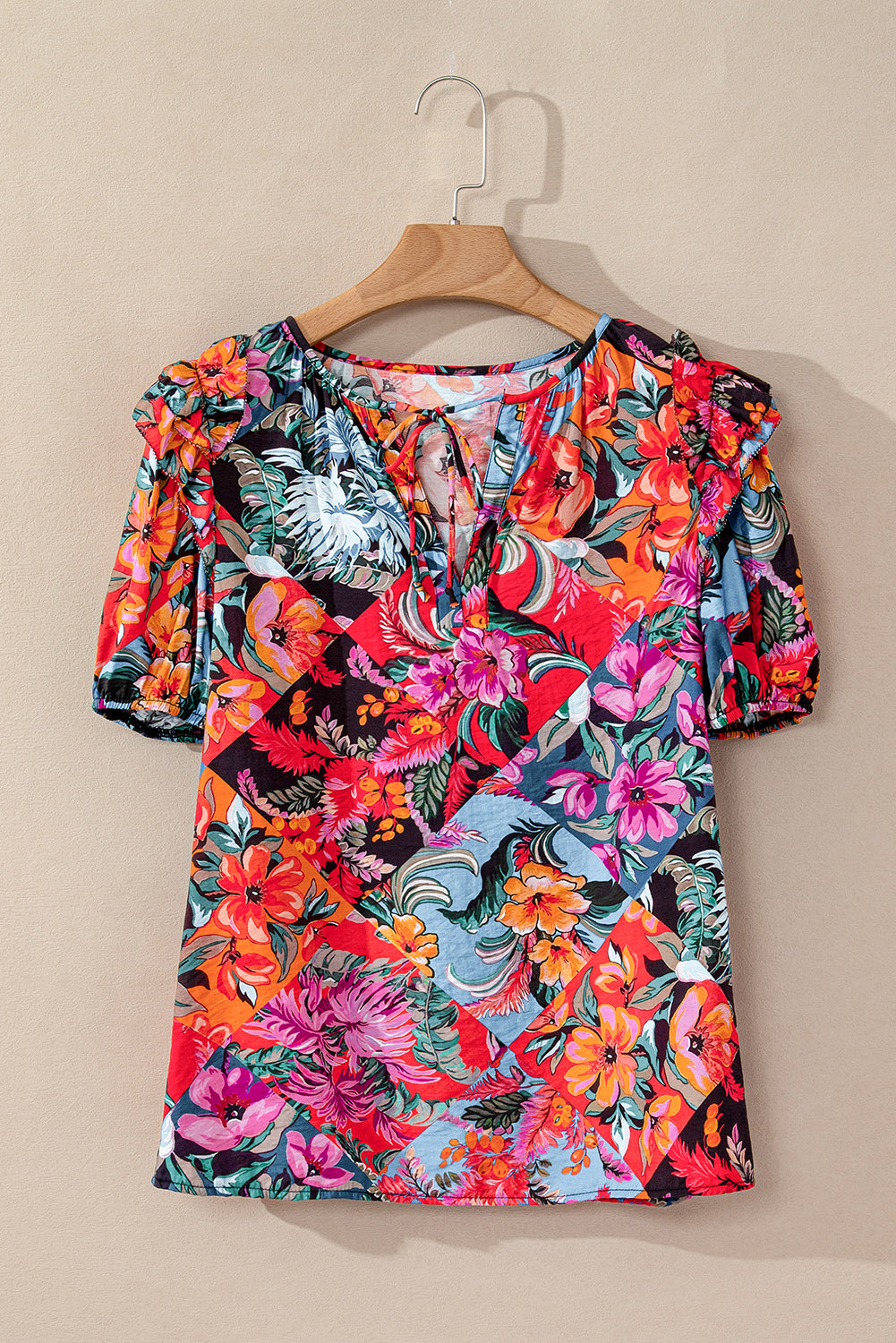 Multicolour Floral Print Ruffle Trim Bubble Sleeve Split Neck Blouse-Tops/Blouses & Shirts-[Adult]-[Female]-2022 Online Blue Zone Planet