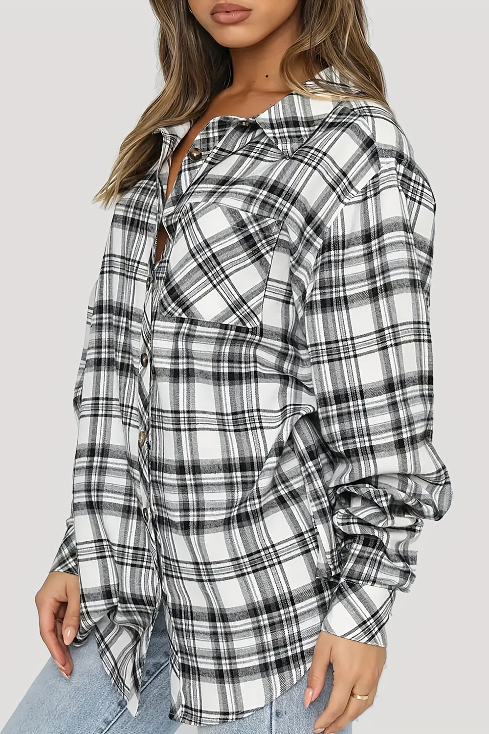 Plaid Collared Neck Long Sleeve Shirt-TOPS / DRESSES-[Adult]-[Female]-2022 Online Blue Zone Planet