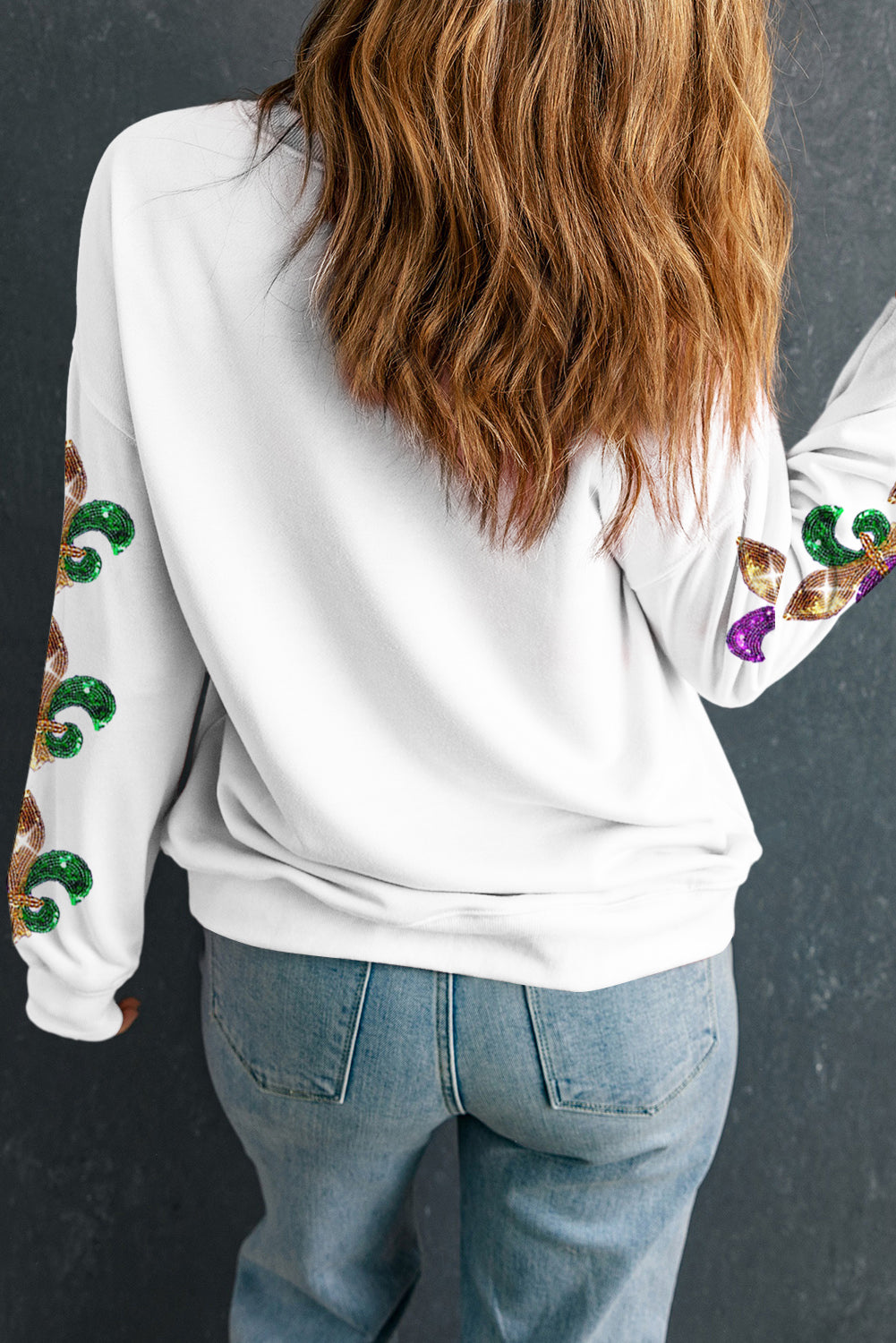 Beige Sequin Mardi Gras Patched Pattern Fleur de Lis Sleeve Sweatshirt-Graphic/Graphic Sweatshirts-[Adult]-[Female]-2022 Online Blue Zone Planet