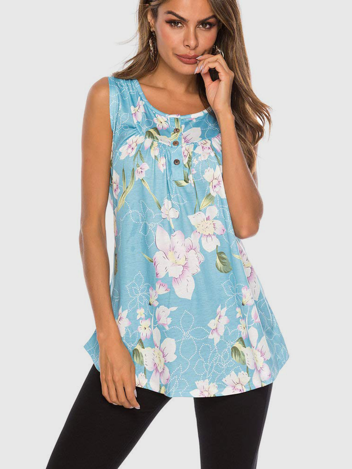 Flower Printed Round Neck Tank-TOPS / DRESSES-[Adult]-[Female]-2022 Online Blue Zone Planet