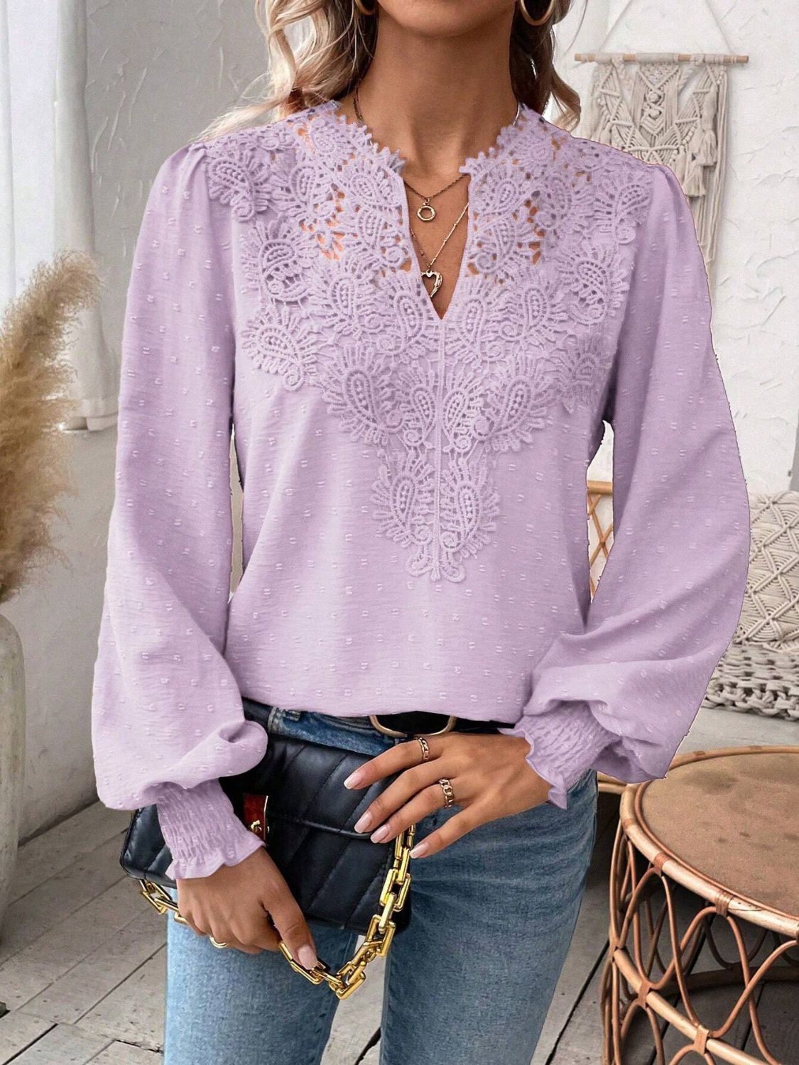 Swiss Dot Lace Detail Notched Long Sleeve Blouse-TOPS / DRESSES-[Adult]-[Female]-2022 Online Blue Zone Planet