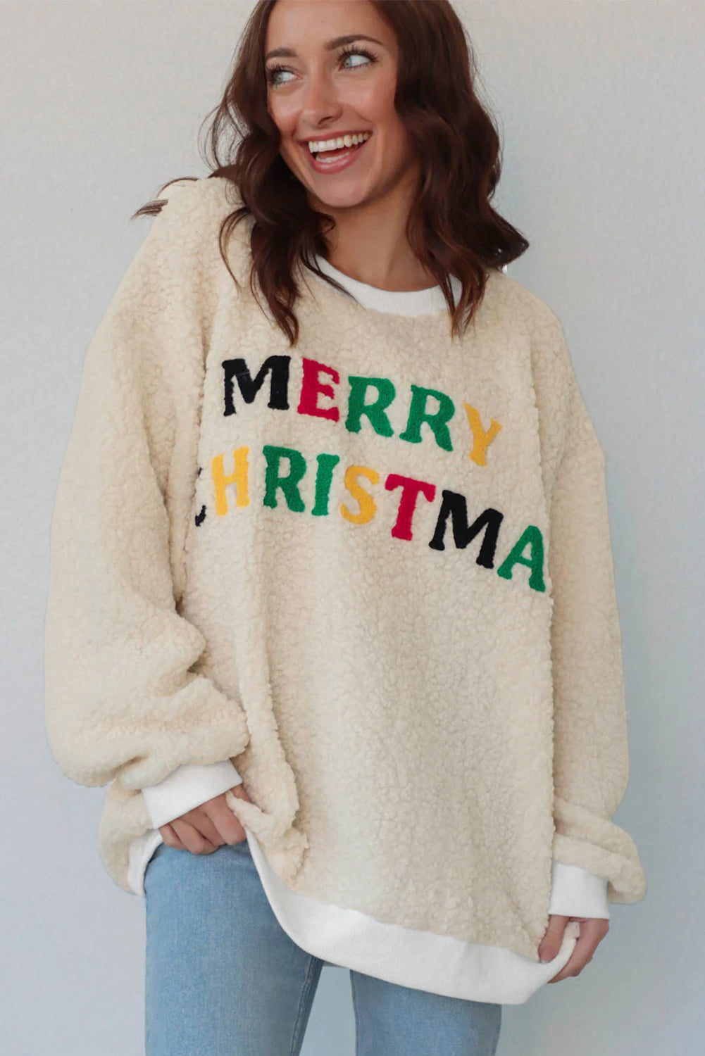 White MERRY CHRISTMAS Multicolor Embroidered Sherpa Pullover Sweatshirt-Tops/Sweatshirts & Hoodies-[Adult]-[Female]-2022 Online Blue Zone Planet