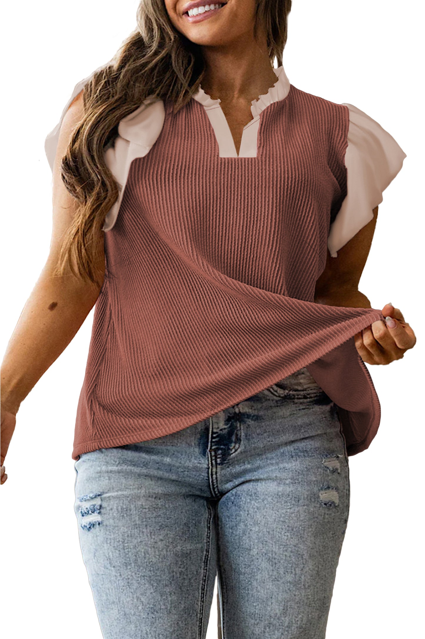 Rose Pink Plus Size Contrast Frilled Neckline Ruffled Short Sleeve Ribbed Textured Blouse-Plus Size/Plus Size Tops/Plus Size Blouses & Shirts-[Adult]-[Female]-2022 Online Blue Zone Planet