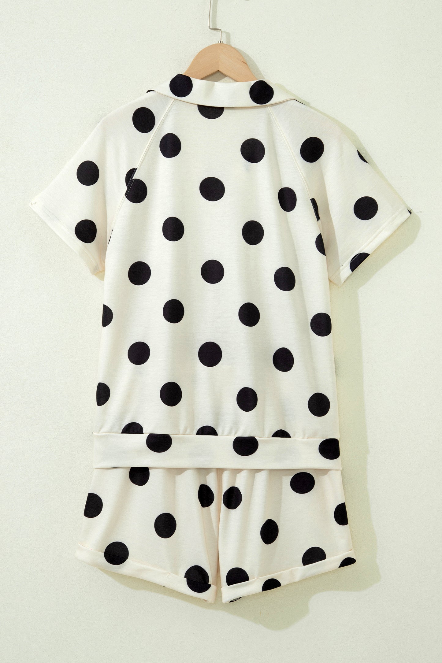 Beige Polka Dot Print V Neck Tee Short Set-Two Piece Sets/Short Sets-[Adult]-[Female]-2022 Online Blue Zone Planet