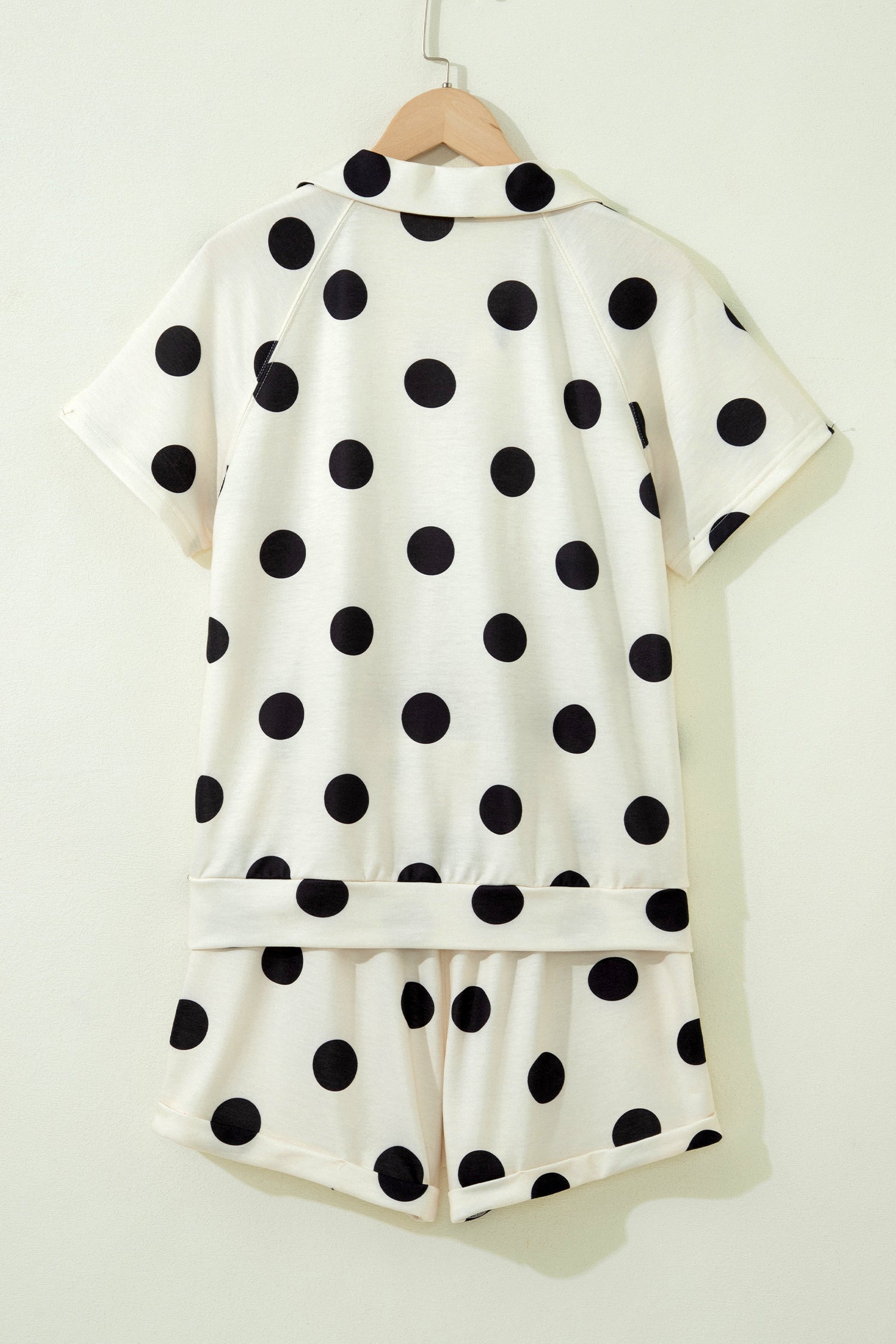 Beige Polka Dot Print V Neck Tee Short Set-Two Piece Sets/Short Sets-[Adult]-[Female]-2022 Online Blue Zone Planet