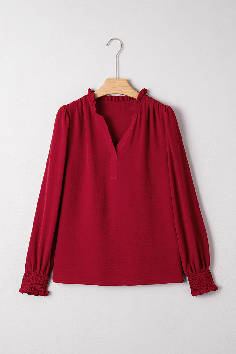 Burgundy Notched Neck Shirred Cuff Long Sleeve Blouse-Tops/Blouses & Shirts-[Adult]-[Female]-2022 Online Blue Zone Planet