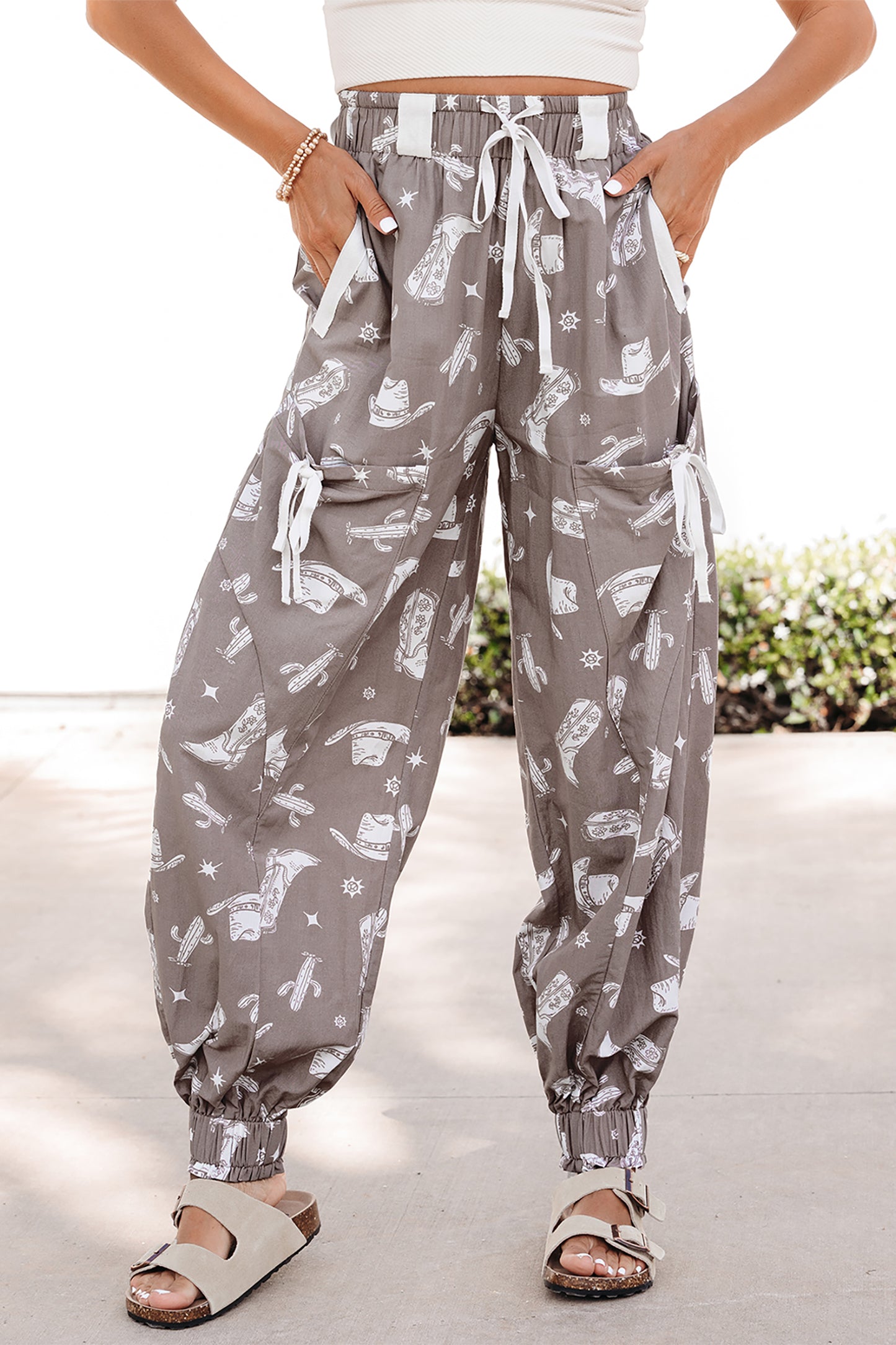 Khaki Western Cactus Cowgirl Hat Boot Printed Vintage Drawstring Jogger Pants-Bottoms/Pants & Culotte-[Adult]-[Female]-2022 Online Blue Zone Planet