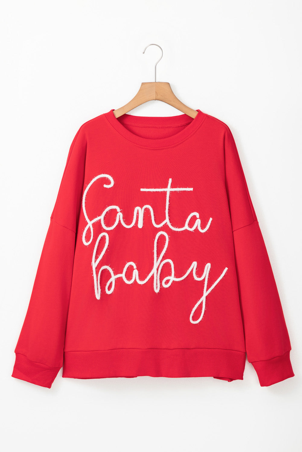 Blue Zone Planet | Fiery Red Tinsel Santa Baby Plus Size Christmas Sweatshirt-Plus Size Tops-[Adult]-[Female]-2022 Online Blue Zone Planet