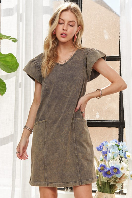 ADORA Mineral Washed V-Neck Ruffled Cap Sleeve Dress-TOPS / DRESSES-[Adult]-[Female]-2022 Online Blue Zone Planet