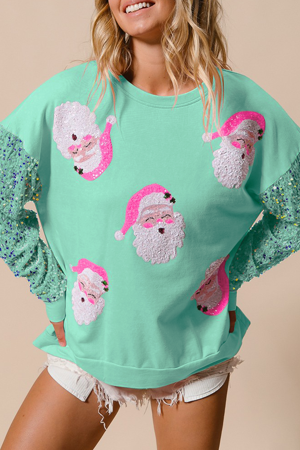 Moonlight Jade Sequined Santa Claus Long Sleeve Christmas Sweatshirt-Tops/Sweatshirts & Hoodies-[Adult]-[Female]-Moonlight Jade-S-2022 Online Blue Zone Planet