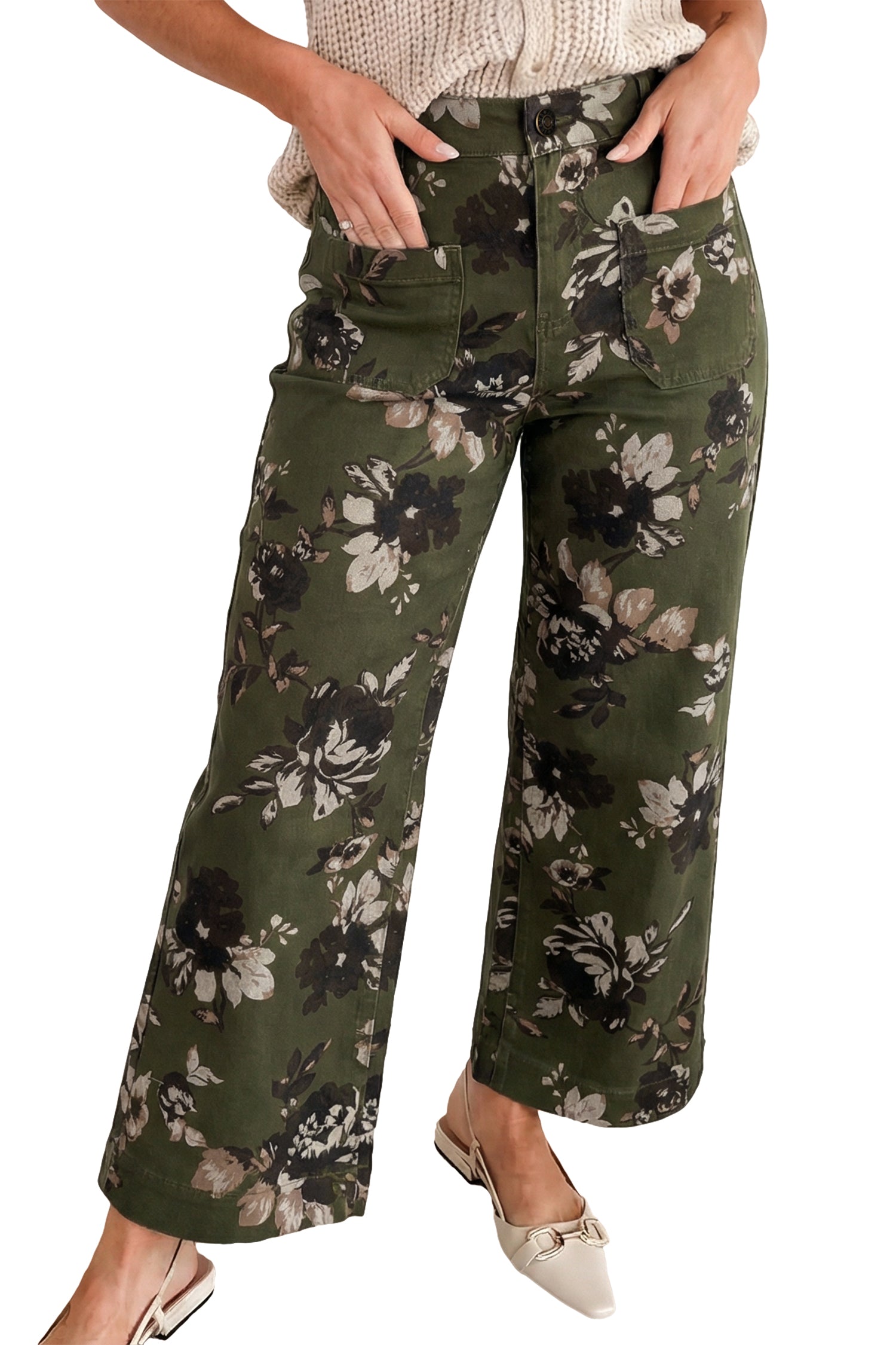 Green Vintage Floral Print Square Patch Pocket Raw Hem Shift Jeans-Bottoms/Jeans-[Adult]-[Female]-2022 Online Blue Zone Planet