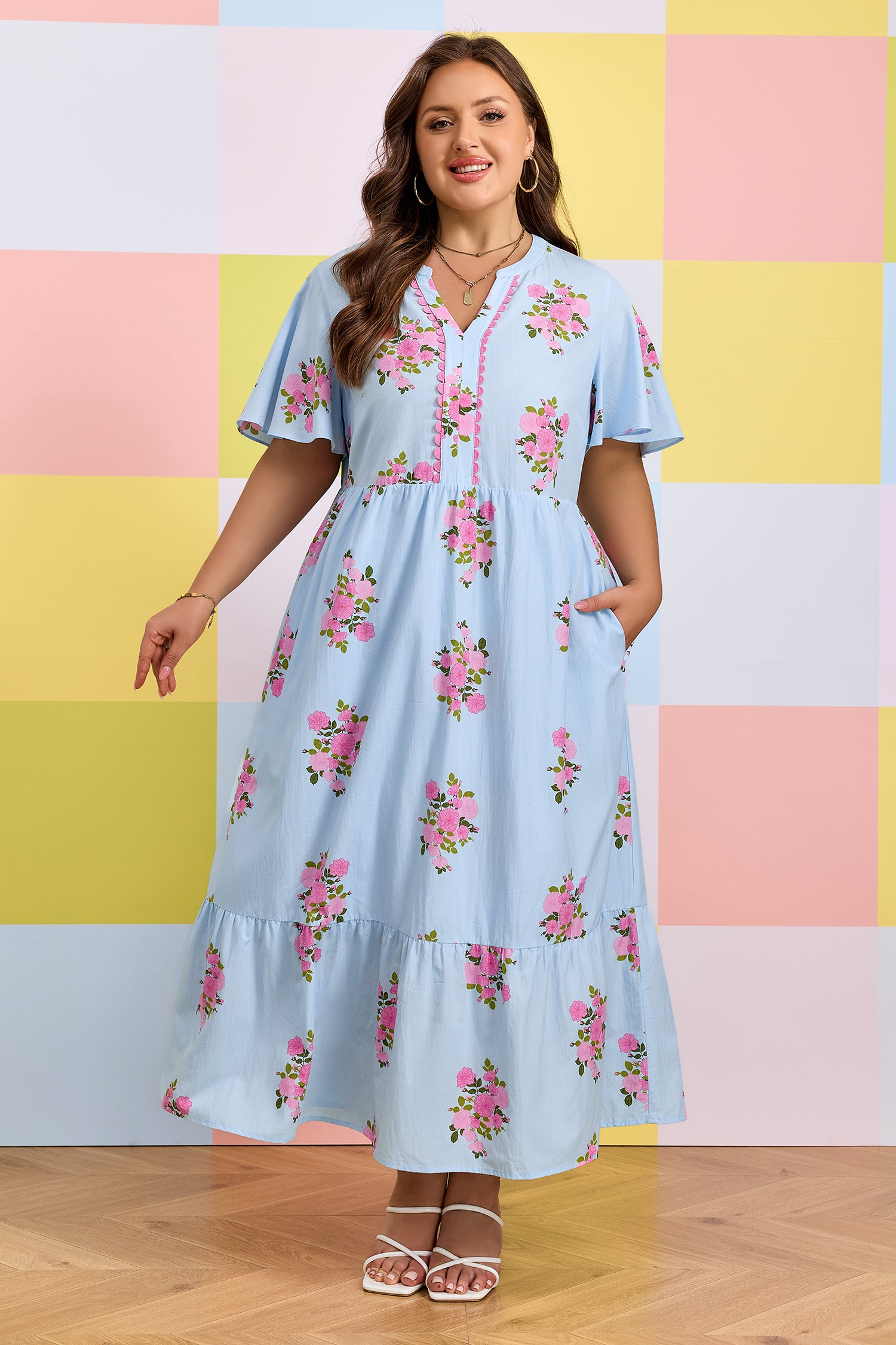 Sky Blue Plus Size Floral Print Scalloped Trim V-Neck Dress-Plus Size/Plus Size Dresses/Plus Size Maxi Dresses-[Adult]-[Female]-2022 Online Blue Zone Planet