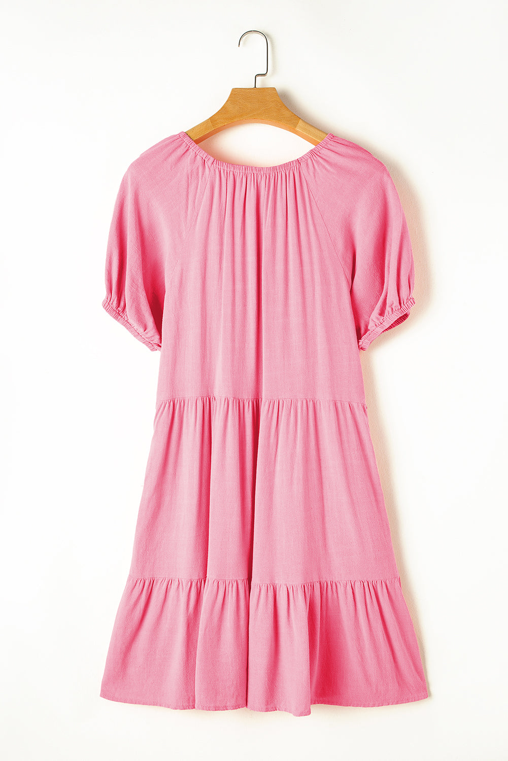 Strawberry Pink Puff Sleeve V Neck Tiered Swing Dress Blue Zone Planet