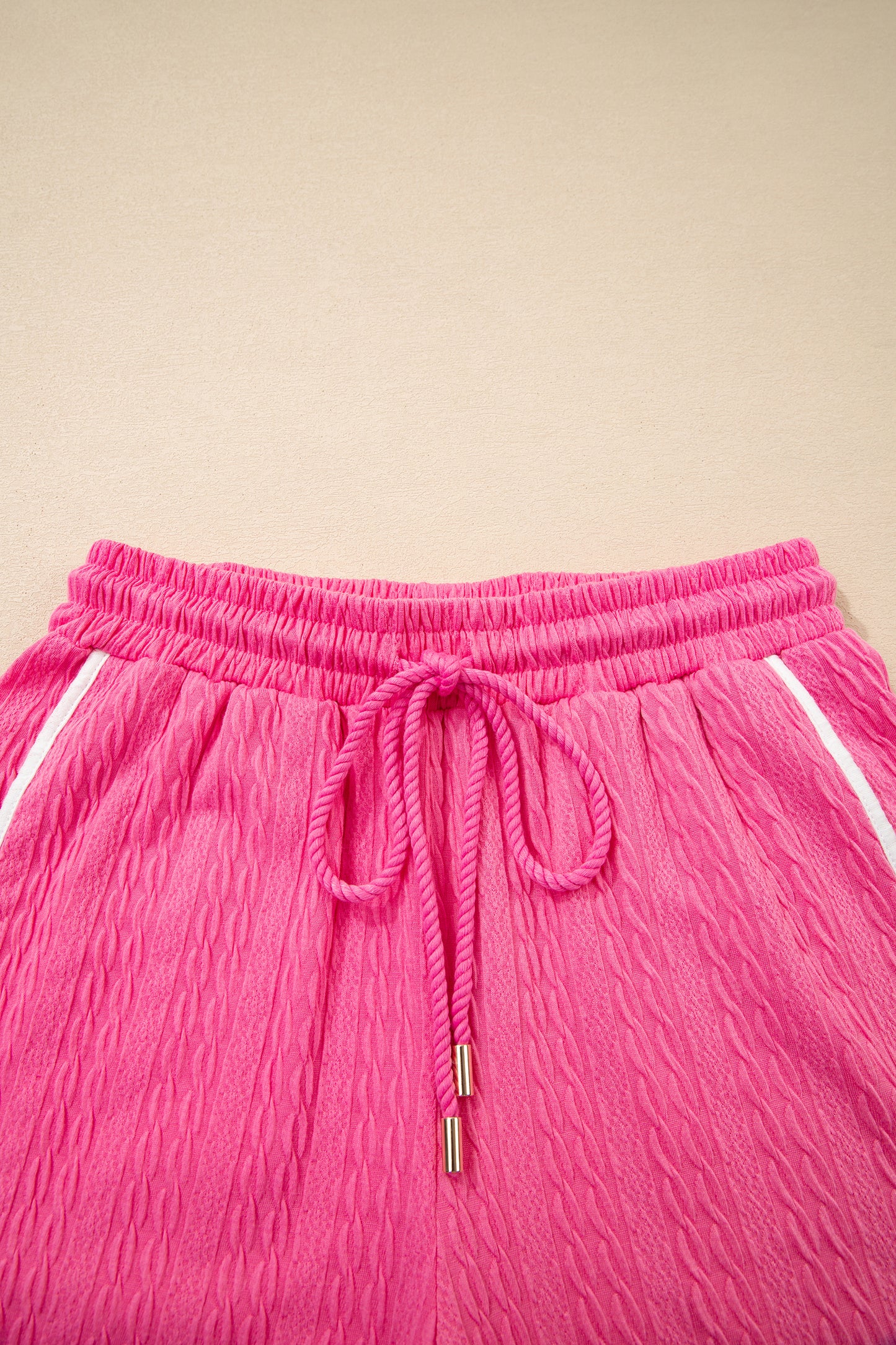 Bright Pink Textured Color Block Trim Loose Tee Drawstring Shorts 2pcs Set-Two Piece Sets/Short Sets-[Adult]-[Female]-2022 Online Blue Zone Planet