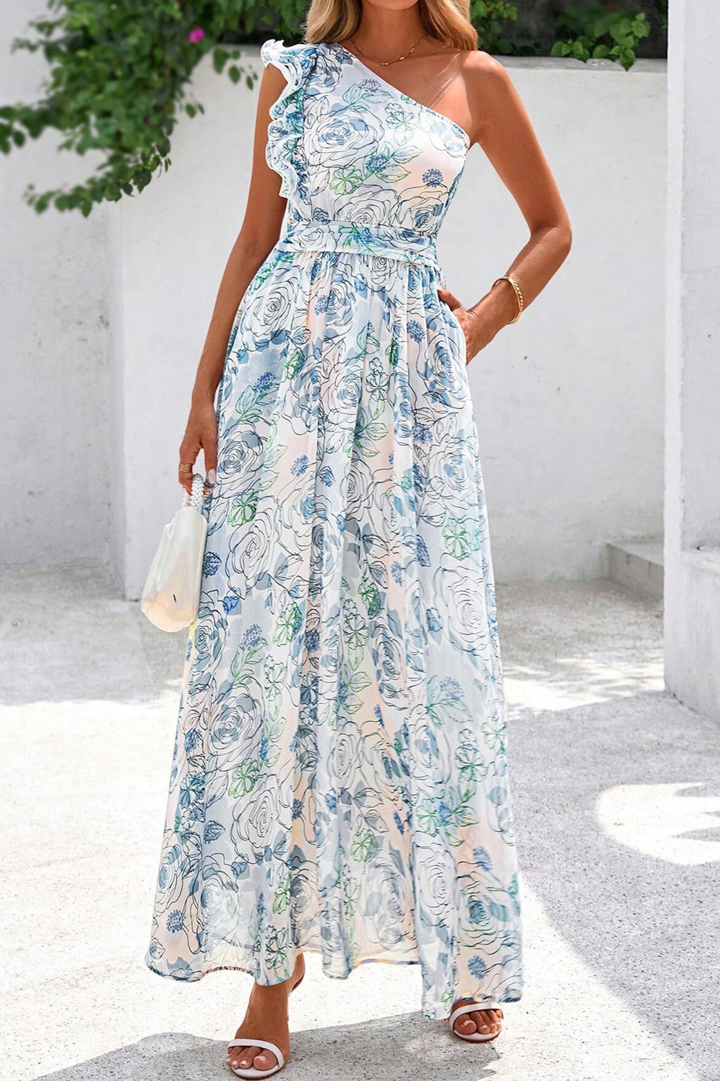Sky Blue Floral Print Ruffled One Shoulder Vacation Maxi Dress-Dresses/Floral Dresses-[Adult]-[Female]-2022 Online Blue Zone Planet