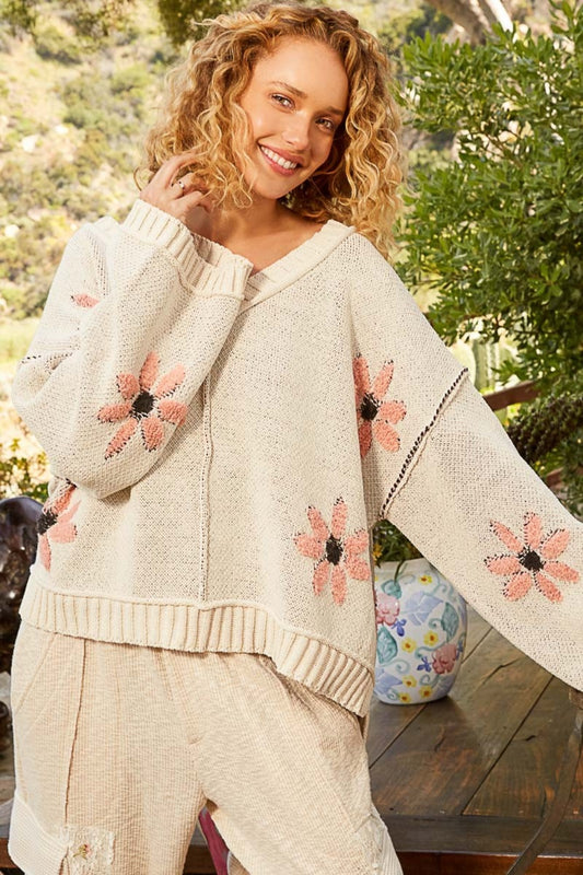 POL V-Neck Floral Pattern Chenille Sweater-TOPS / DRESSES-[Adult]-[Female]-Ivory-S-2022 Online Blue Zone Planet