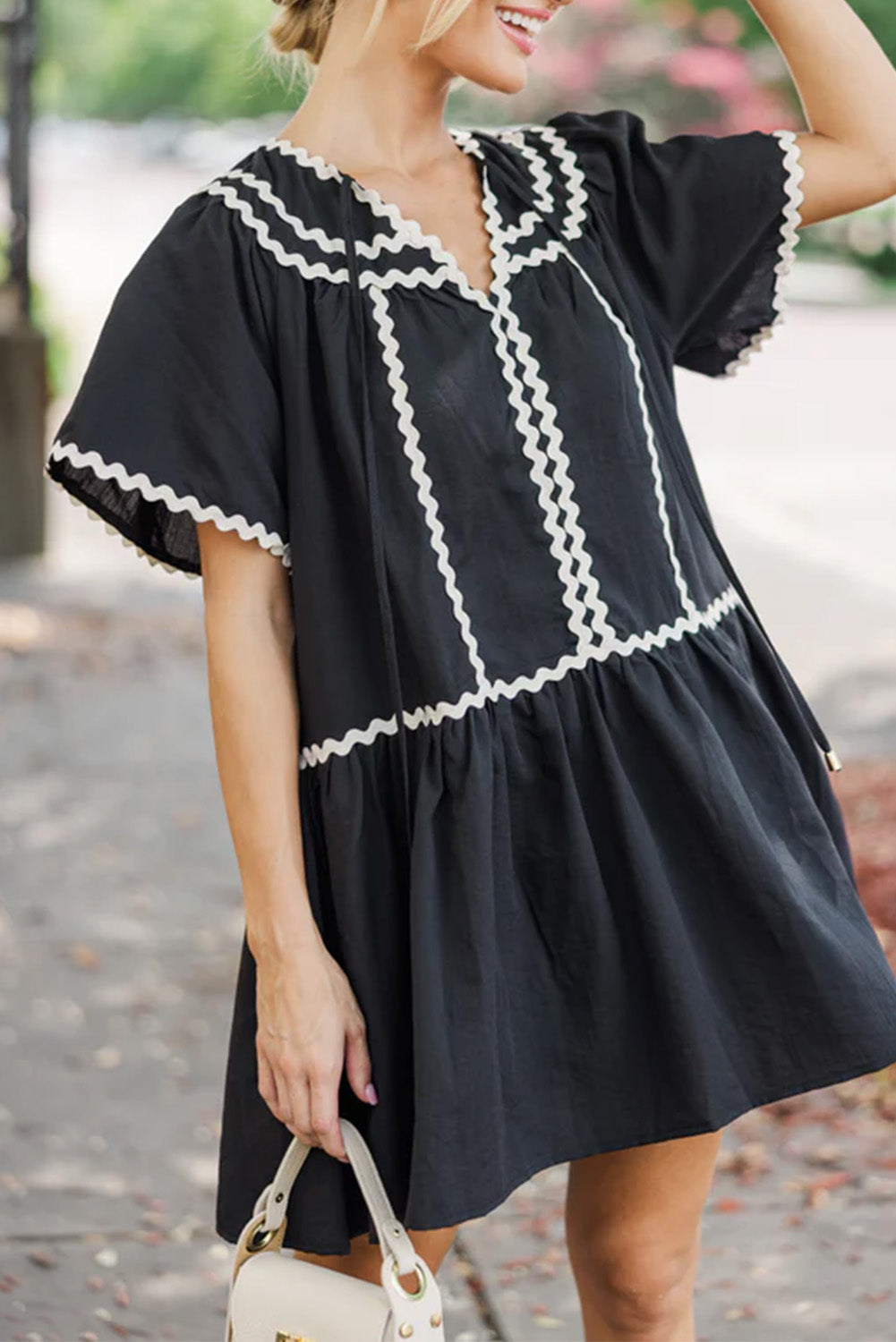 Black Contrast Ricrac Trim Short Sleeve V Neck Loose Mini Dress-TOPS / DRESSES-[Adult]-[Female]-Black-S-2022 Online Blue Zone Planet