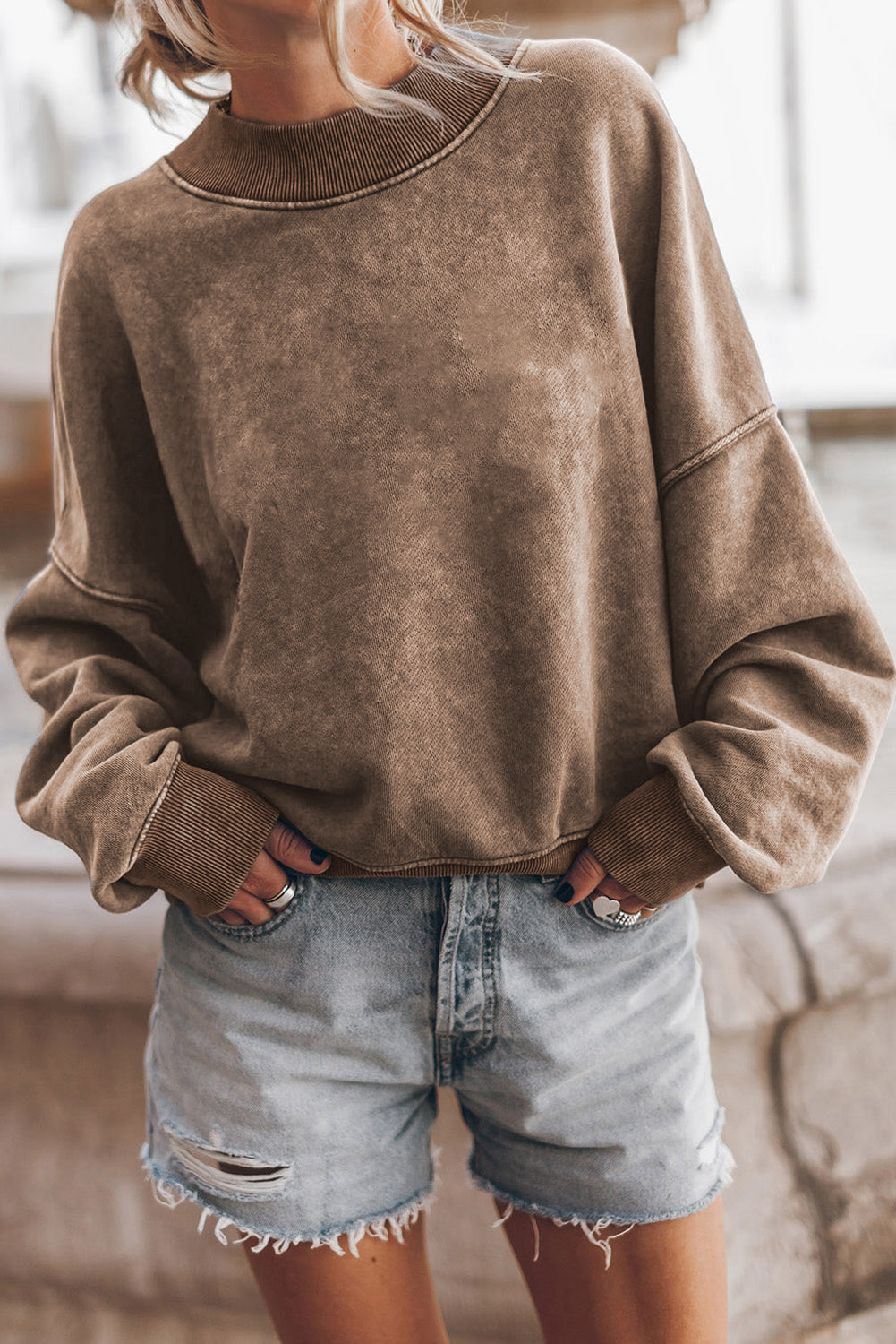 Orange Drop Shoulder Crew Neck Pullover Sweatshirt-Tops/Sweatshirts & Hoodies-[Adult]-[Female]-Brown-S-2022 Online Blue Zone Planet