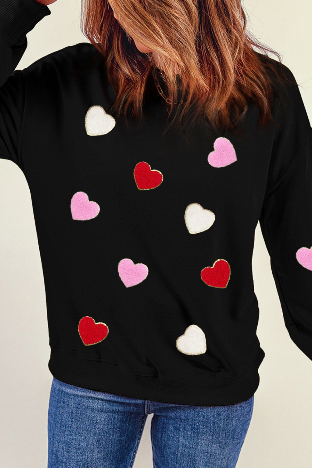 Blue Zone Planet | Valentine's Day Contrast Heart Long Sleeve Sweatshirt-TOPS / DRESSES-[Adult]-[Female]-2022 Online Blue Zone Planet