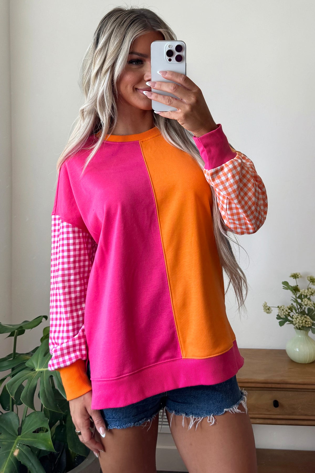 Rose Red Colorblock Gingham Sleeve Crewneck Sweatshirt-Tops/Sweatshirts & Hoodies-[Adult]-[Female]-2022 Online Blue Zone Planet