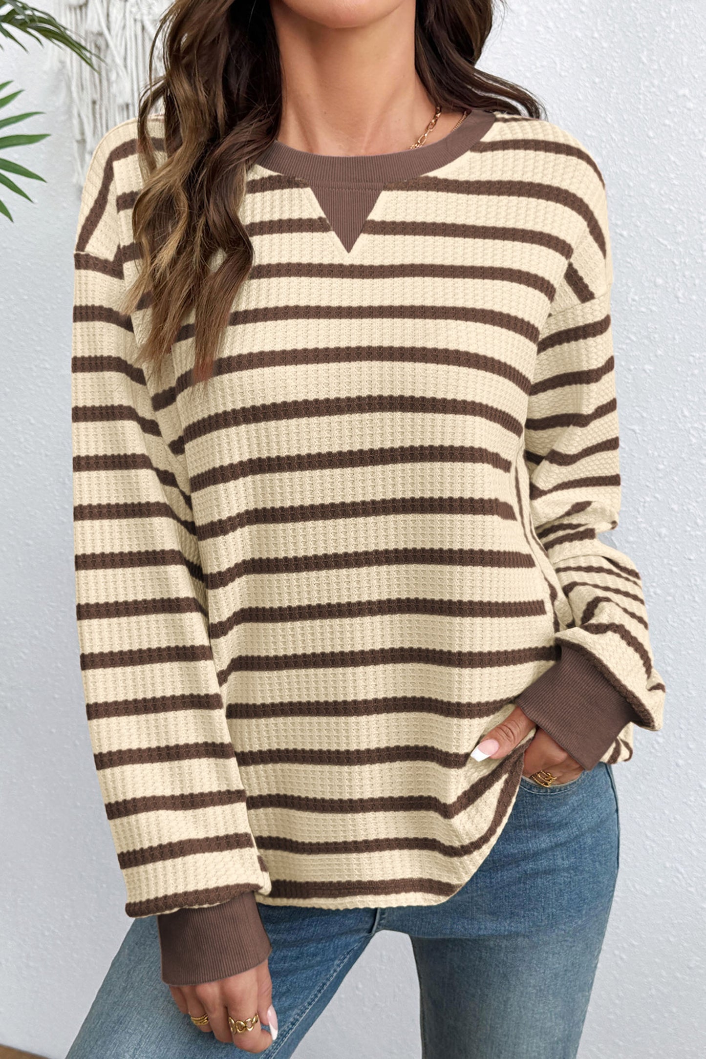 Brown Stripe Patchwork Ribbed Cuff Casual Pullover Sweatshirt-Tops/Sweatshirts & Hoodies-[Adult]-[Female]-Brown Stripe-S-2022 Online Blue Zone Planet