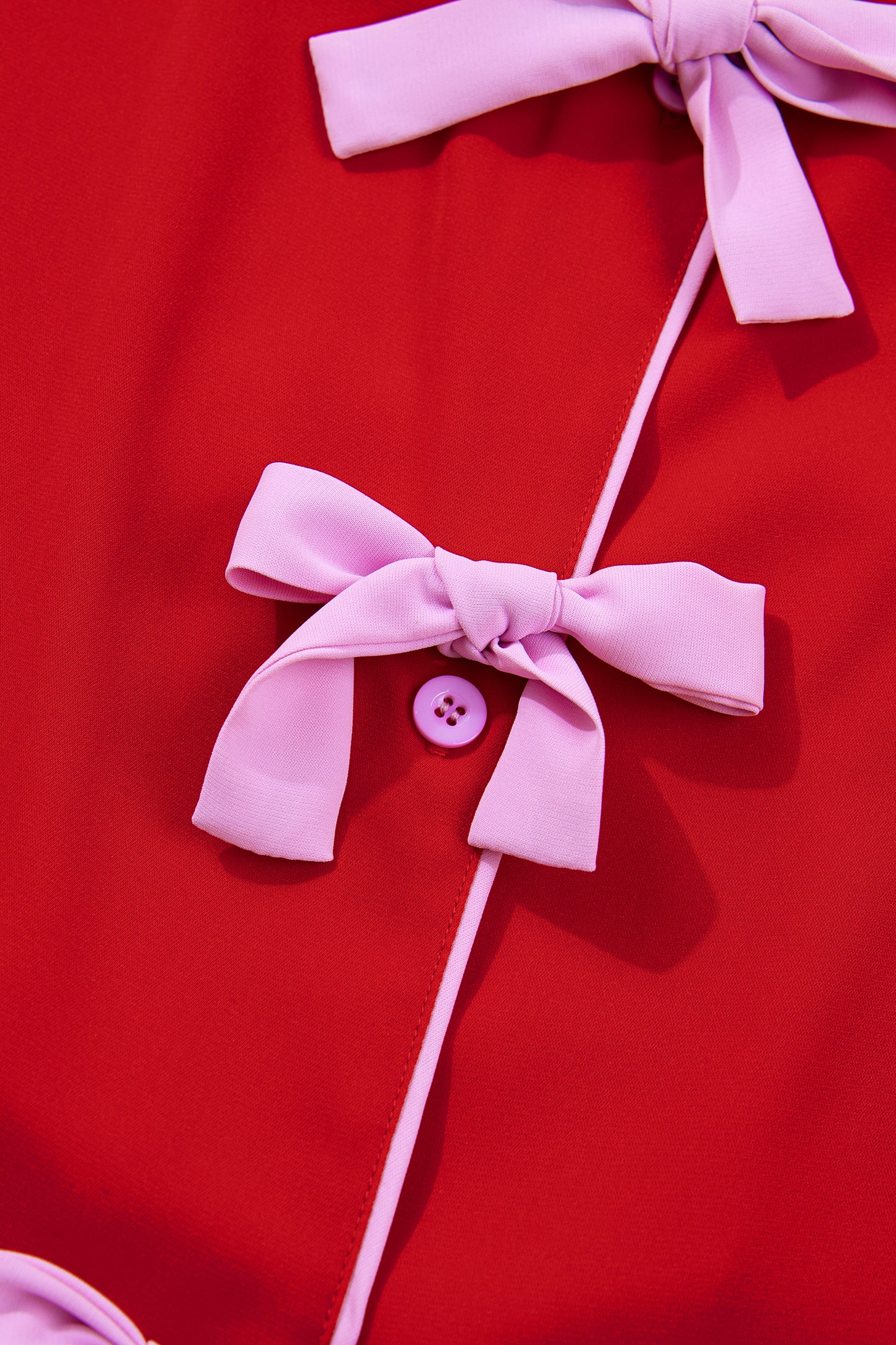 Fiery Red Contrast Trim Ribbon Bow Short Silky 2pcs Pajama Set-Loungewear & Sleepwear/Sleepwear-[Adult]-[Female]-2022 Online Blue Zone Planet