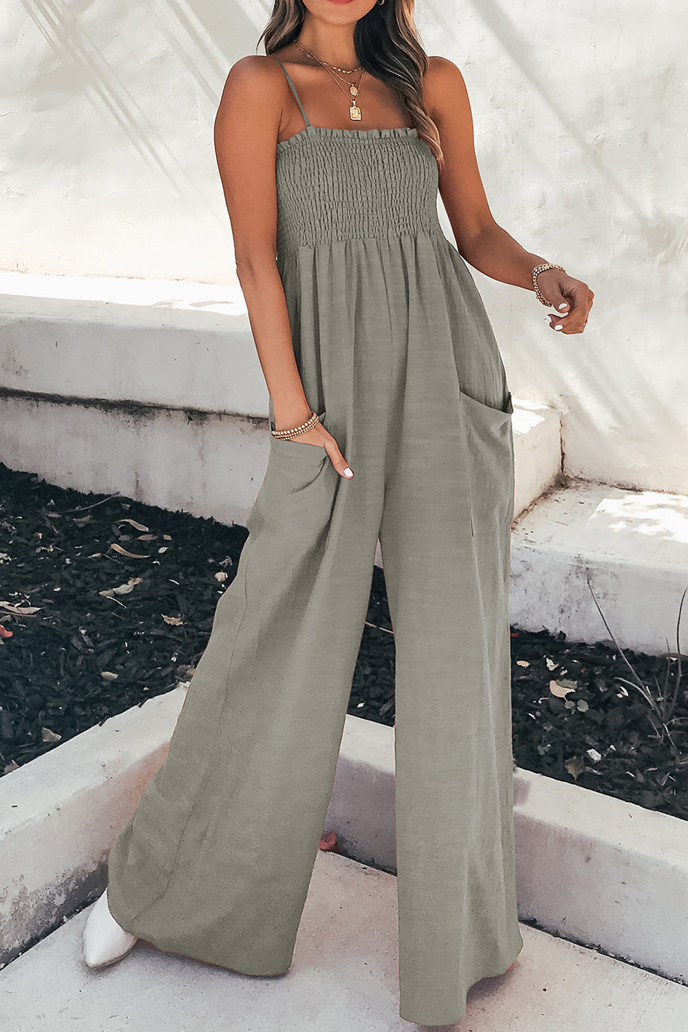 Blue Zone Planet | Smocked Spaghetti Strap Wide Leg Jumpsuit-TOPS / DRESSES-[Adult]-[Female]-Gray-S-2022 Online Blue Zone Planet