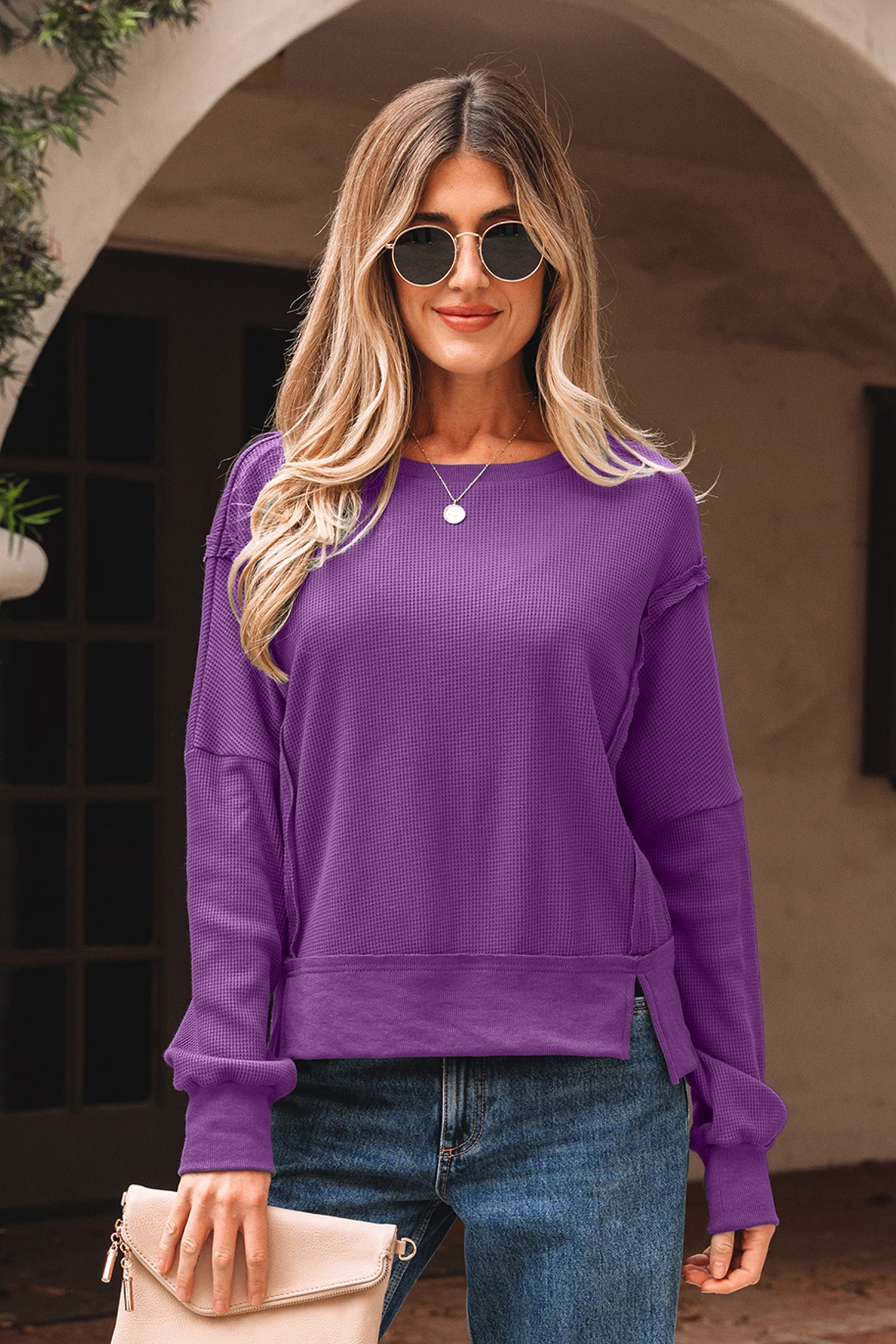 Orchid Mist Solid Color Raw Seam Patchwork Ribbed Drop Shoulder Sweatshirt-Tops/Sweatshirts & Hoodies-[Adult]-[Female]-2022 Online Blue Zone Planet