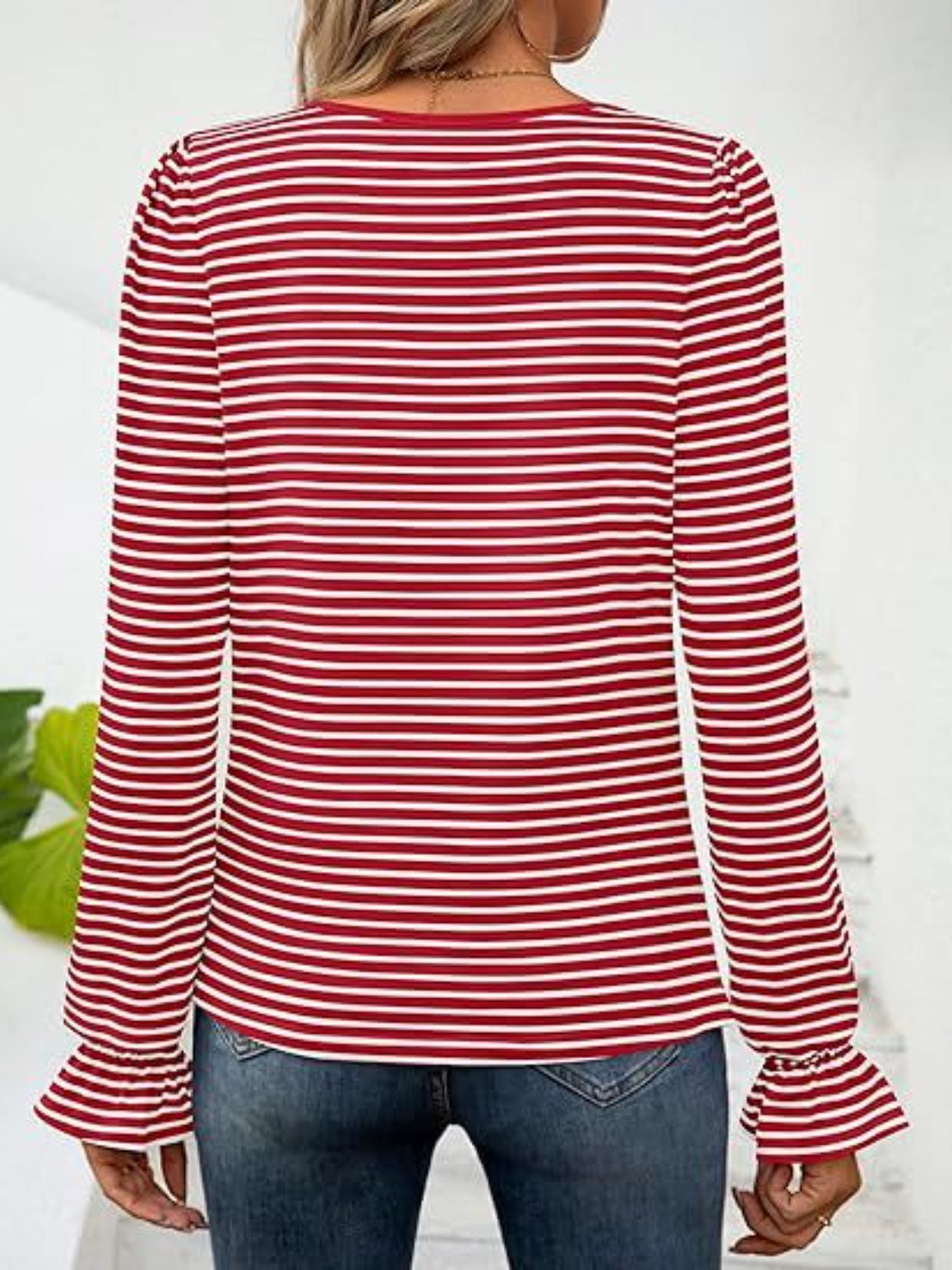 Striped Square Neck Flounce Sleeve Top-TOPS / DRESSES-[Adult]-[Female]-2022 Online Blue Zone Planet